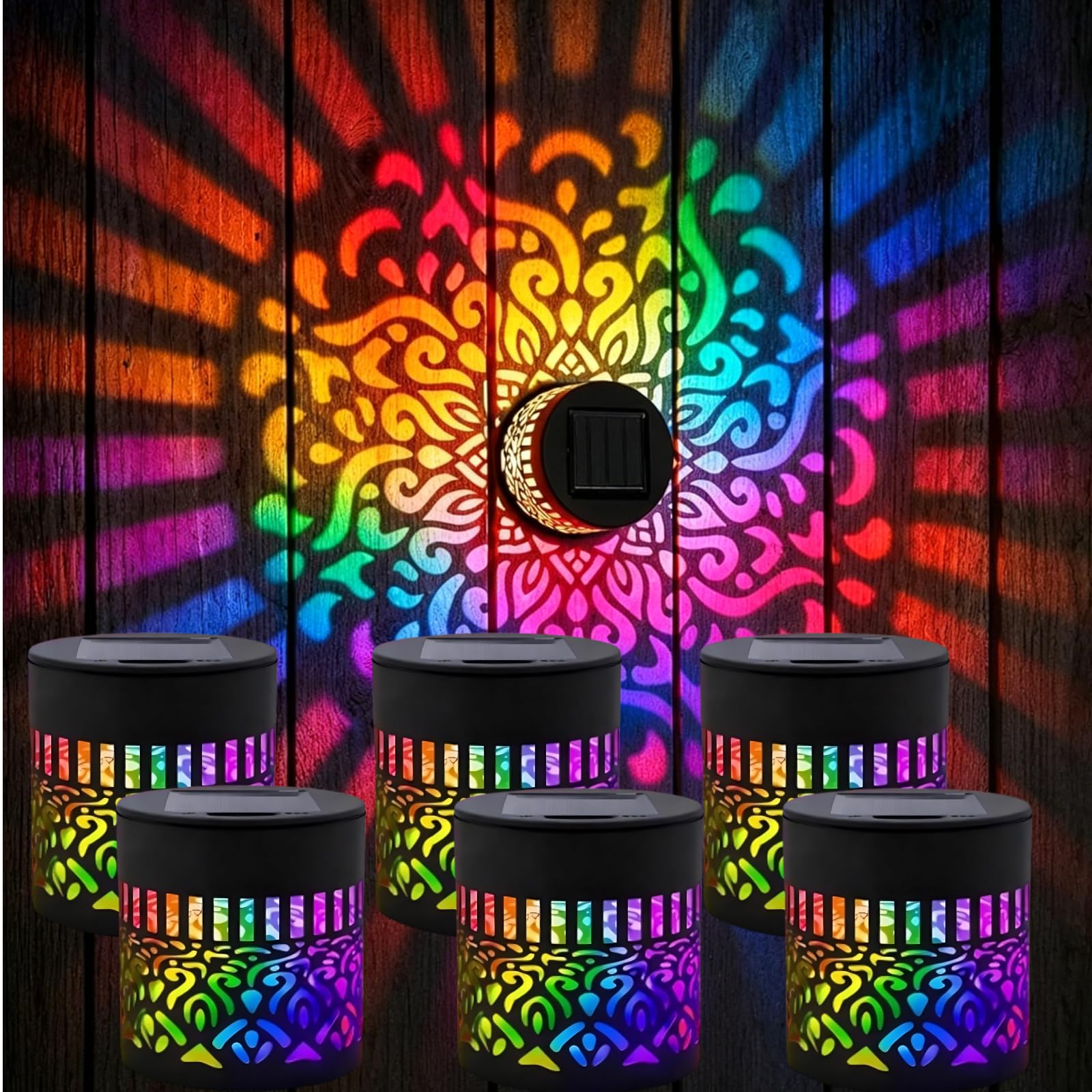 Solarna lampa Mandala, metalowa wodoodporna lampa ścienna z kolorowym wzorem Mandala do ogrodu, patio i ogrodzenia, kolor 6 szt.