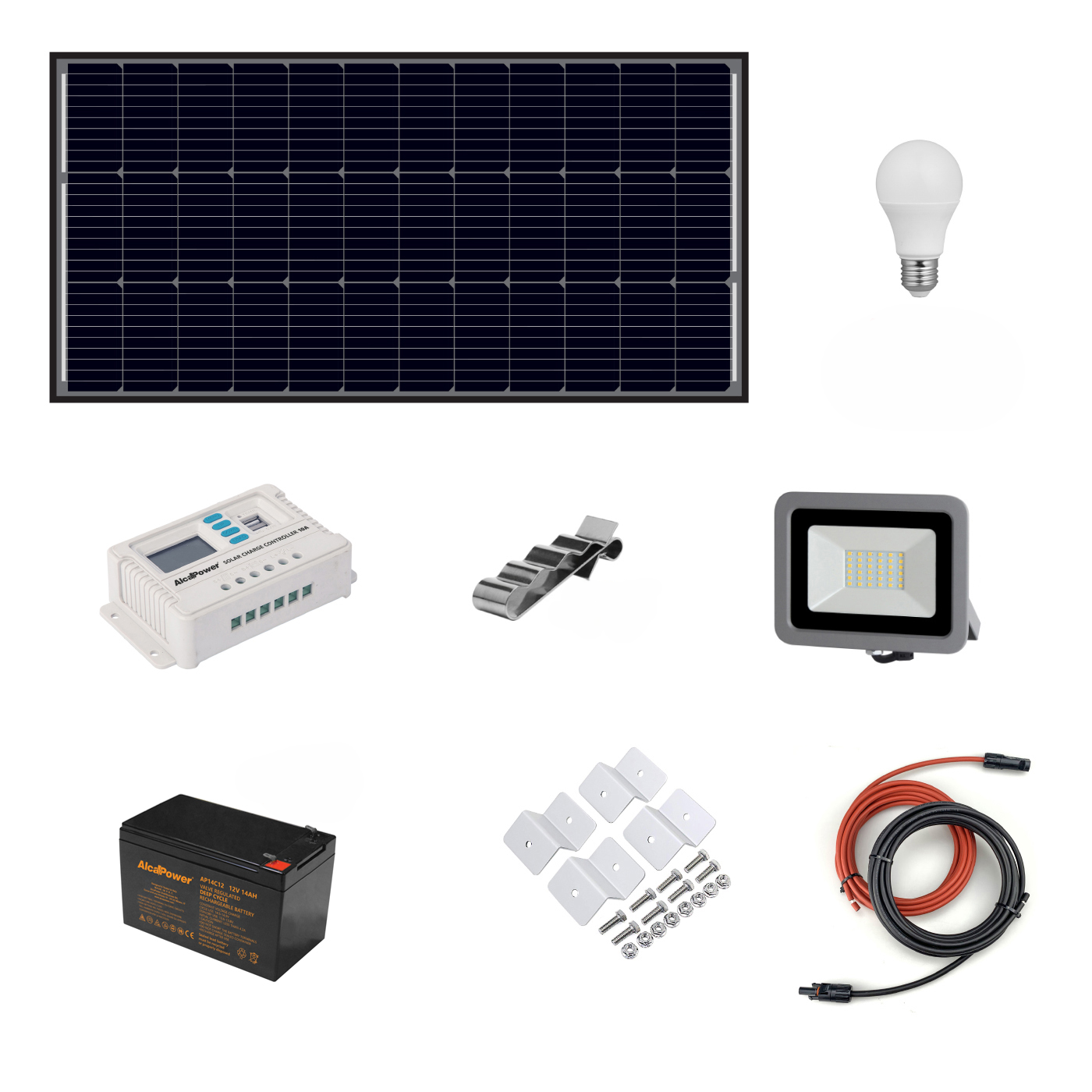 Zestaw fotowoltaiczny 110 W Off-Grid - zestaw z panelem słonecznym, regulatorem ładowania, reflektorem i akcesoriami montażowymi