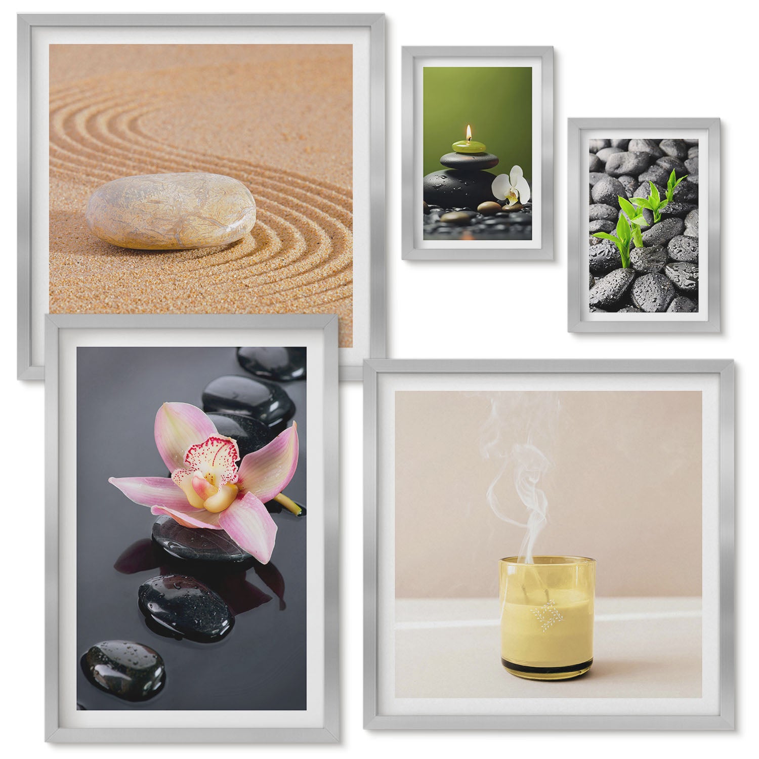 Zestaw obrazów w ramie - 5 części | Relaksacyjne motywy zen z kamieniami i kwiatami orchidei | Srebrna ramka