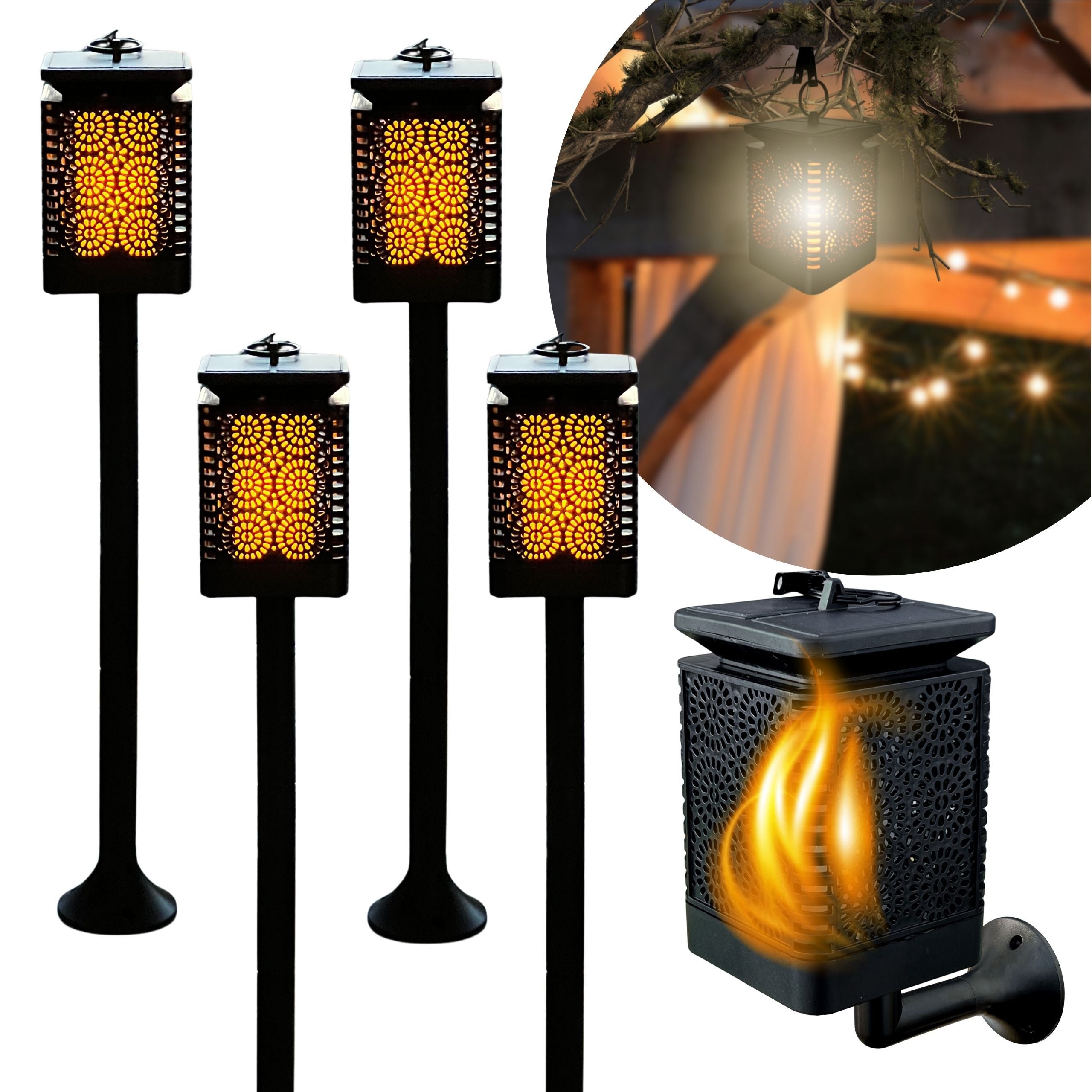 Lampy Solarne LED z Efektem Płomienia Zestaw 4 Sztuki 3w1 Lampion Pochodnia Latarnia na Ogród i Taras