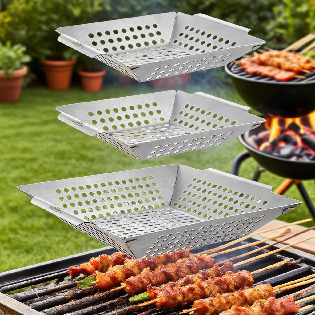 Kosz na grill, 3 części, regulowany mechanizm zamykający, odpowiedni do grilli i ognisk (2 małe + 1 duży).