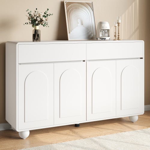 Nowoczesna komoda 140 x 38 x 89 cm - 2 szuflady i 4 drzwi - Nogi metalowe okrągłe - Drzwi łukowe - Płyta MDF - Kolor biały