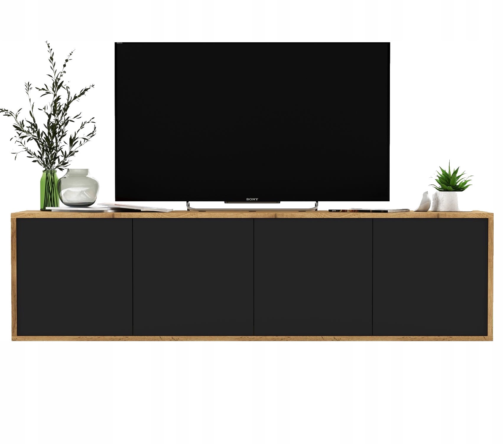 Wisząca szafka RTV Loft industrialna 150 cm dąb wotan czarny mat, komoda pod telewizor do salonu