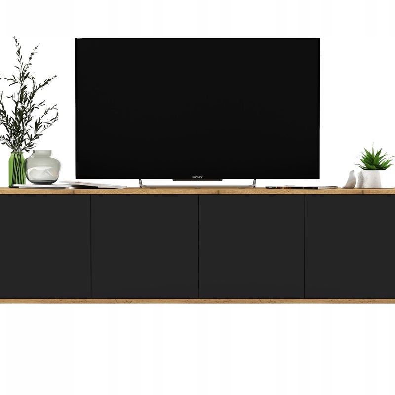 Wisząca szafka RTV Loft industrialna 150 cm dąb wotan czarny mat, komoda pod telewizor do salonu