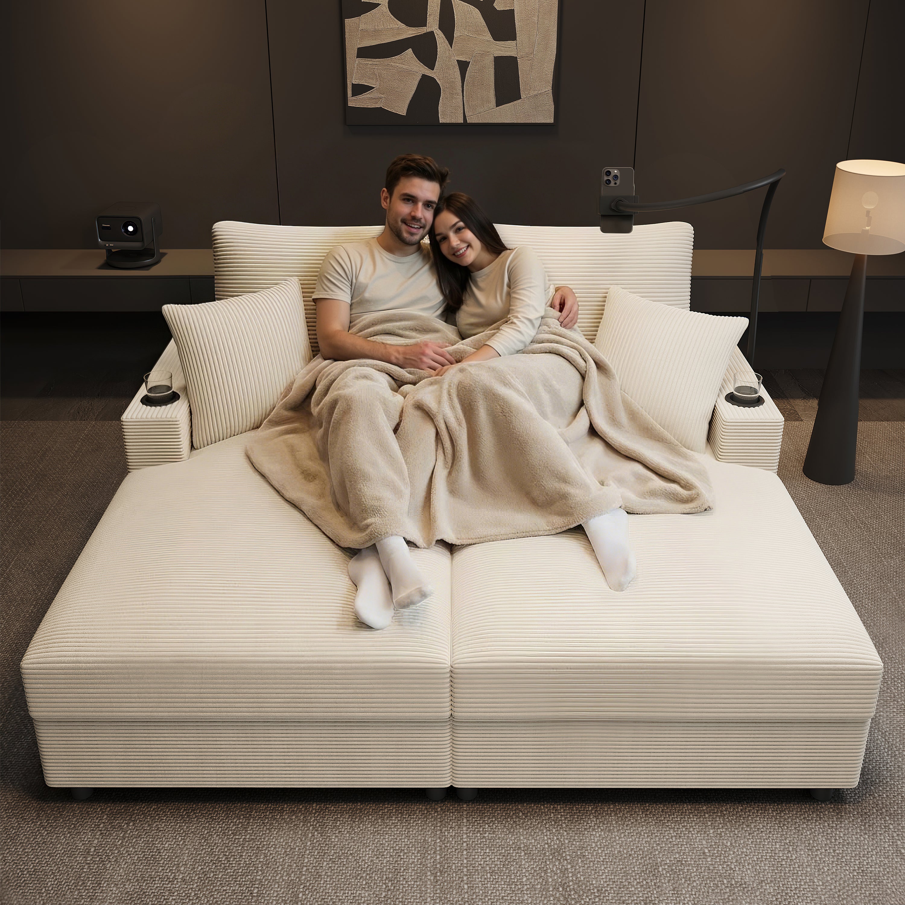 Sofa 2-osobowa z portem ładowania USB/Type-C, 2 uchwytami na kubki, rozkładana - 163 x 140 x 82 cm - sztruks - beż