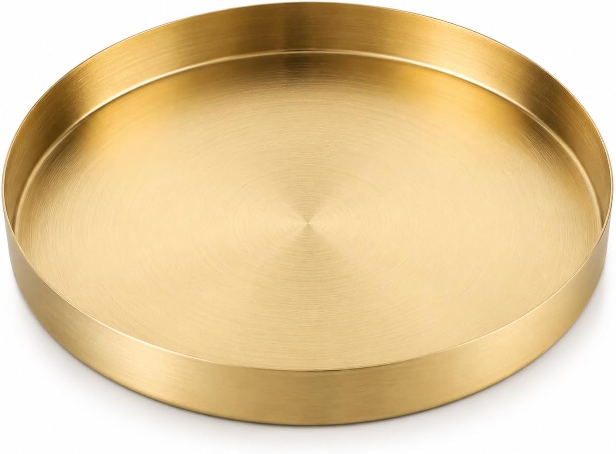 Okrągła złota taca 30 cm, dekoracyjna taca ze stali nierdzewnej 430 z wykończeniem szczotkowanym, dekoracyjna taca na drobiazgi, biżuterię, perfumy,