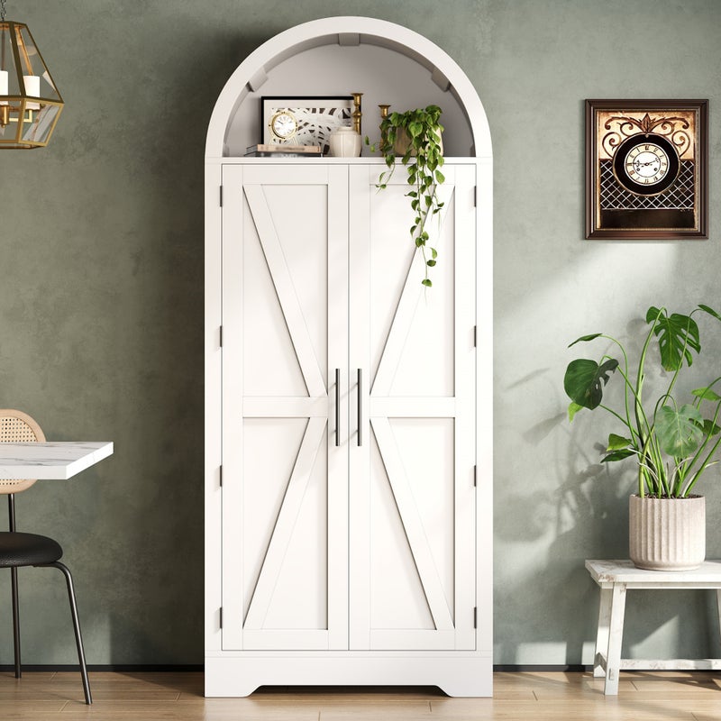Zaokrąglony kredens / bufet kuchenny 70x35x170 cm - z 2 drzwiami - otwarta górna półka - styl wiejski - Biały