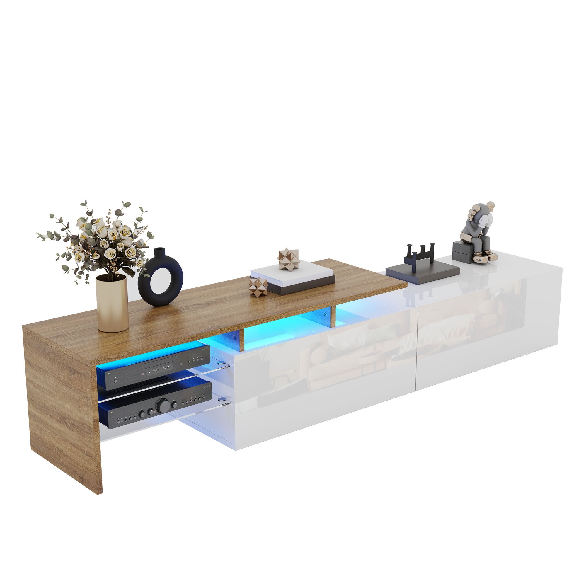 Szafa TV nowoczesna - biały połysk, drewno, szklane półki, LED, 170x33x33,5 cm