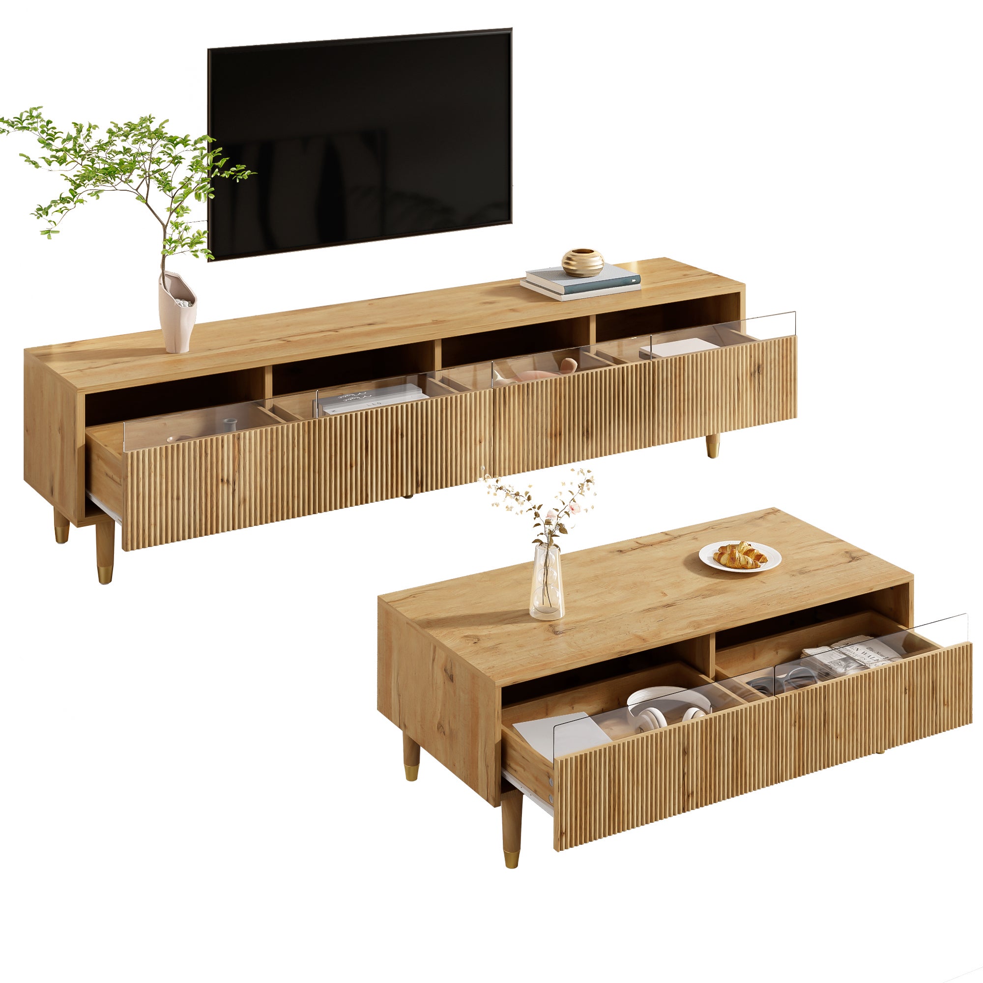 Zestaw stolik kawowy i szafka pod telewizor - 178 x 35 x 45 cm - MDF i akryl - Diody LED - Do salonu - Naturalny