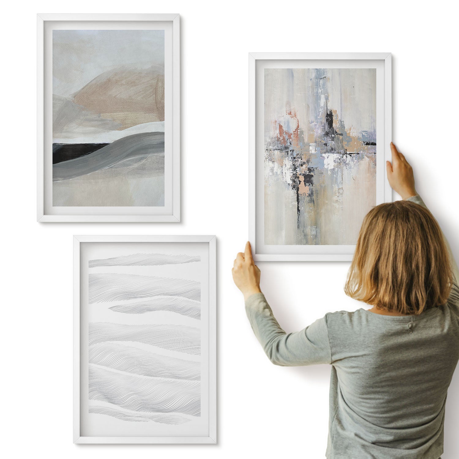 Galeria ścienna 3-częściowy komplet obrazów w białych ramach - Abstrakcyjne wzory w neutralnych odcieniach ziemi - ArtPrintCave