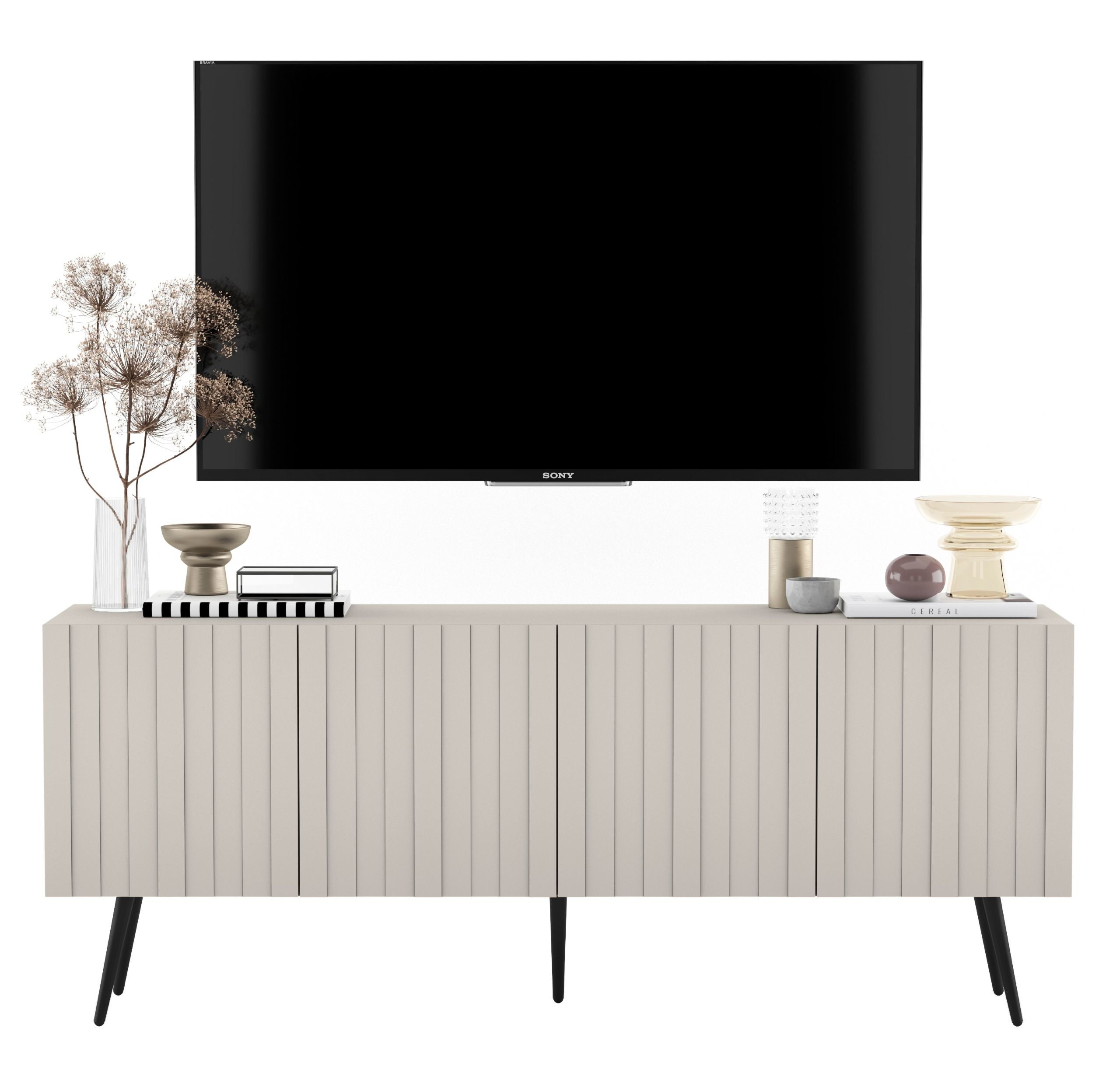 Szafka RTV Glamour 150 cm kaszmir mat, ryflowane fronty, czarne metalowe nogi do salonu