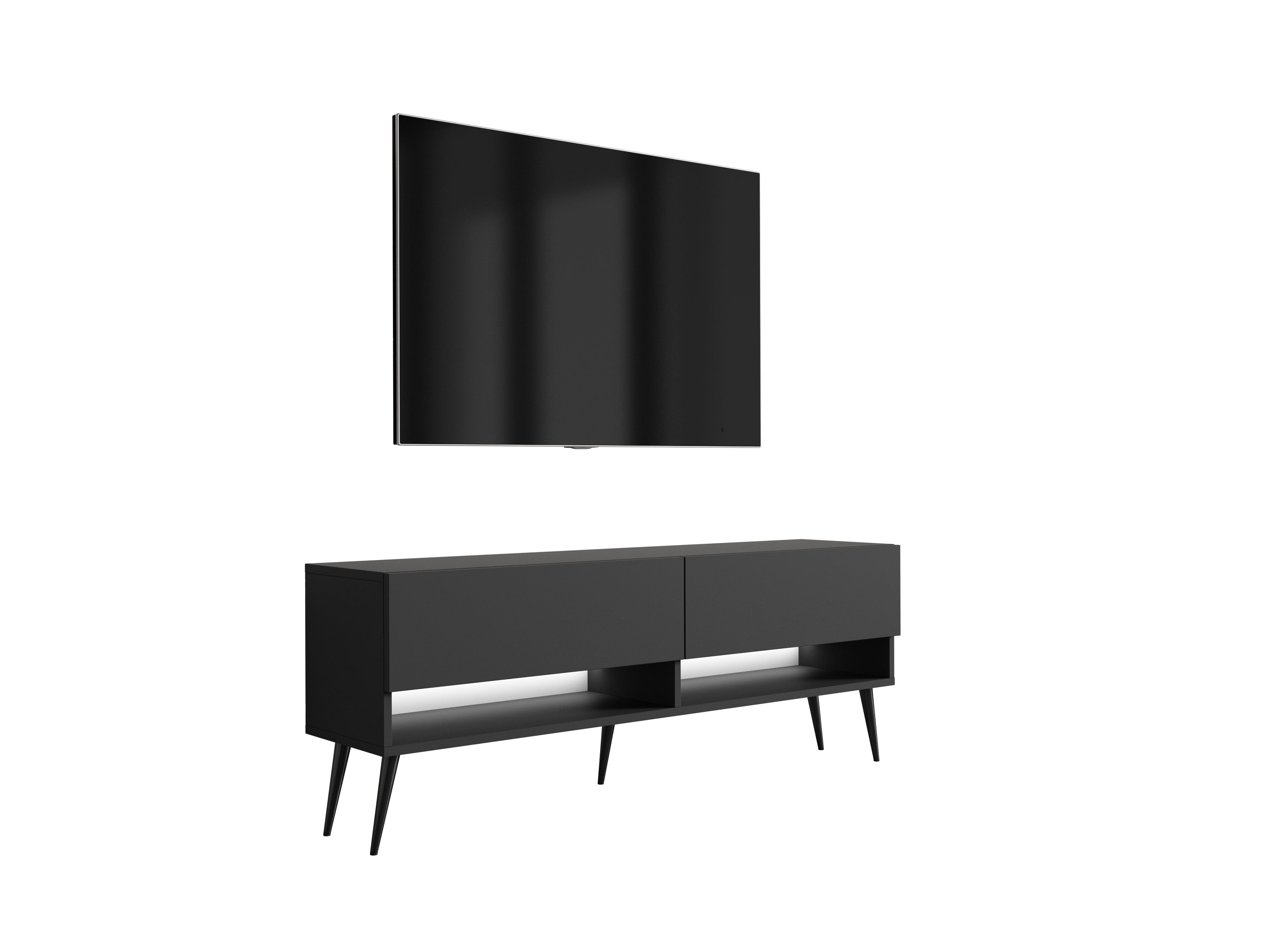 Szafka pod telewizor 140 cm Czarny Mat, nóżki pochyłe czarne, LED biały, 140 × 32 × 52 cm
