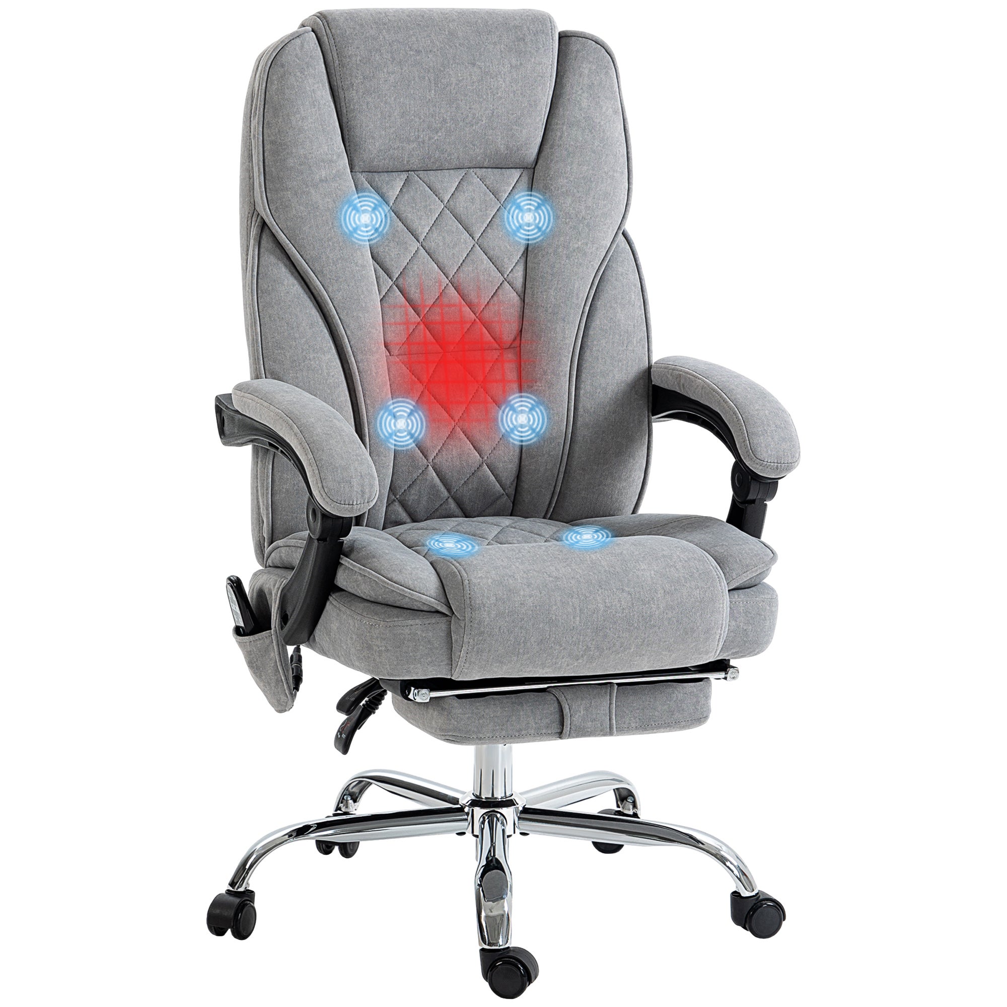 Ergonomiczny fotel biurowy z funkcją masażu, podnóżkiem, obrotowy, kółka, szary