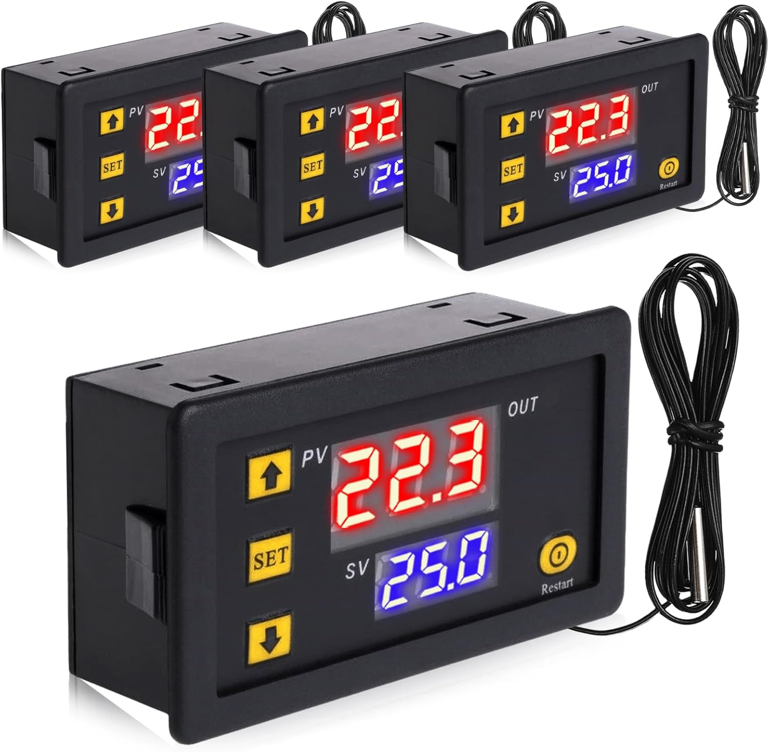 Zestaw 4 cyfrowych modułów kontroli temperatury DC 12 V 20 A, termostat LED z termometrem i wodoodporną sondą, przełącznik sterujący -50°C