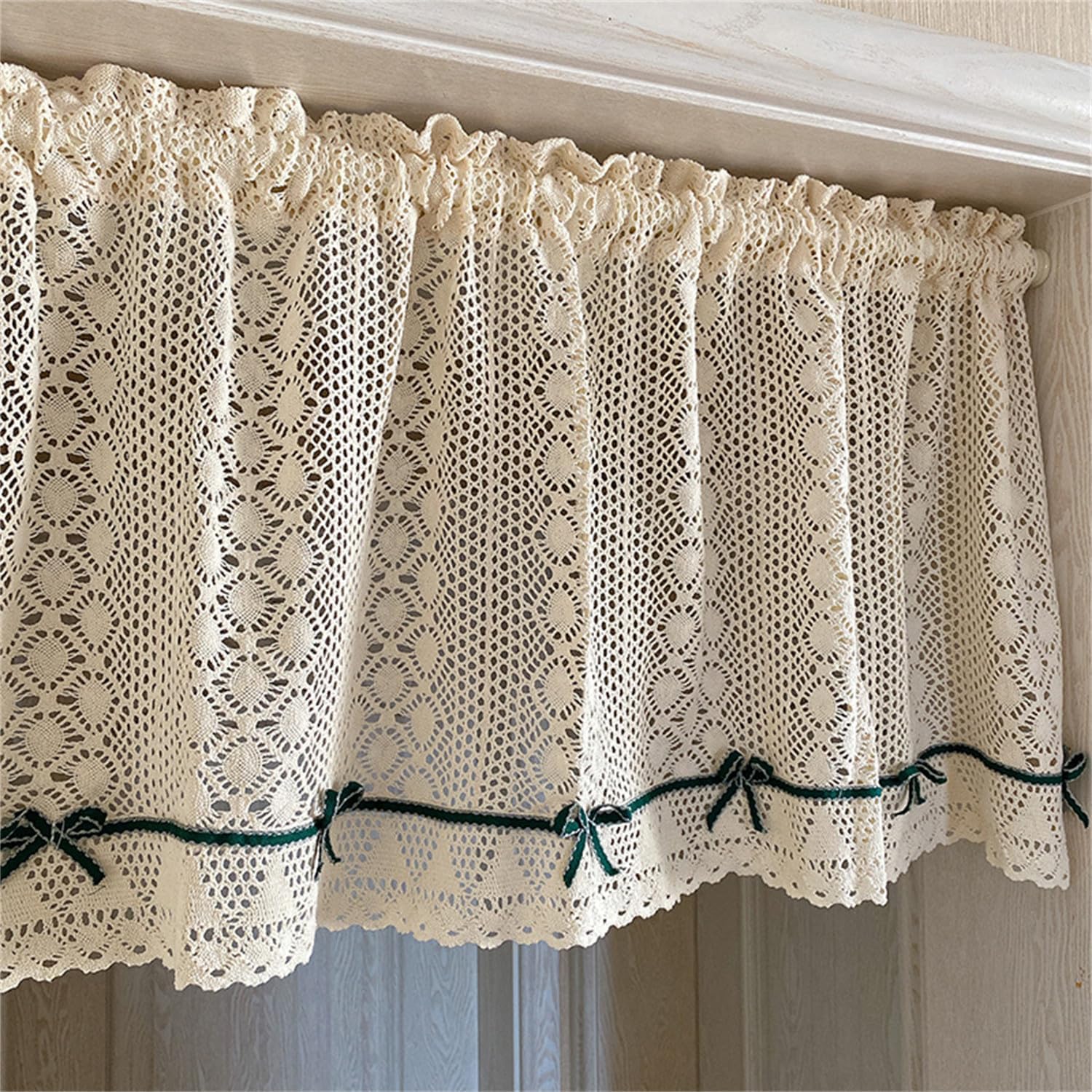 Zasłona do kawiarni - Wygląd szydełkowy - Styl wiejski - Wzór kwiatowy - Styl retro - Z frędzlami (1 sztuka, wys. 45 x szer. 100 cm)