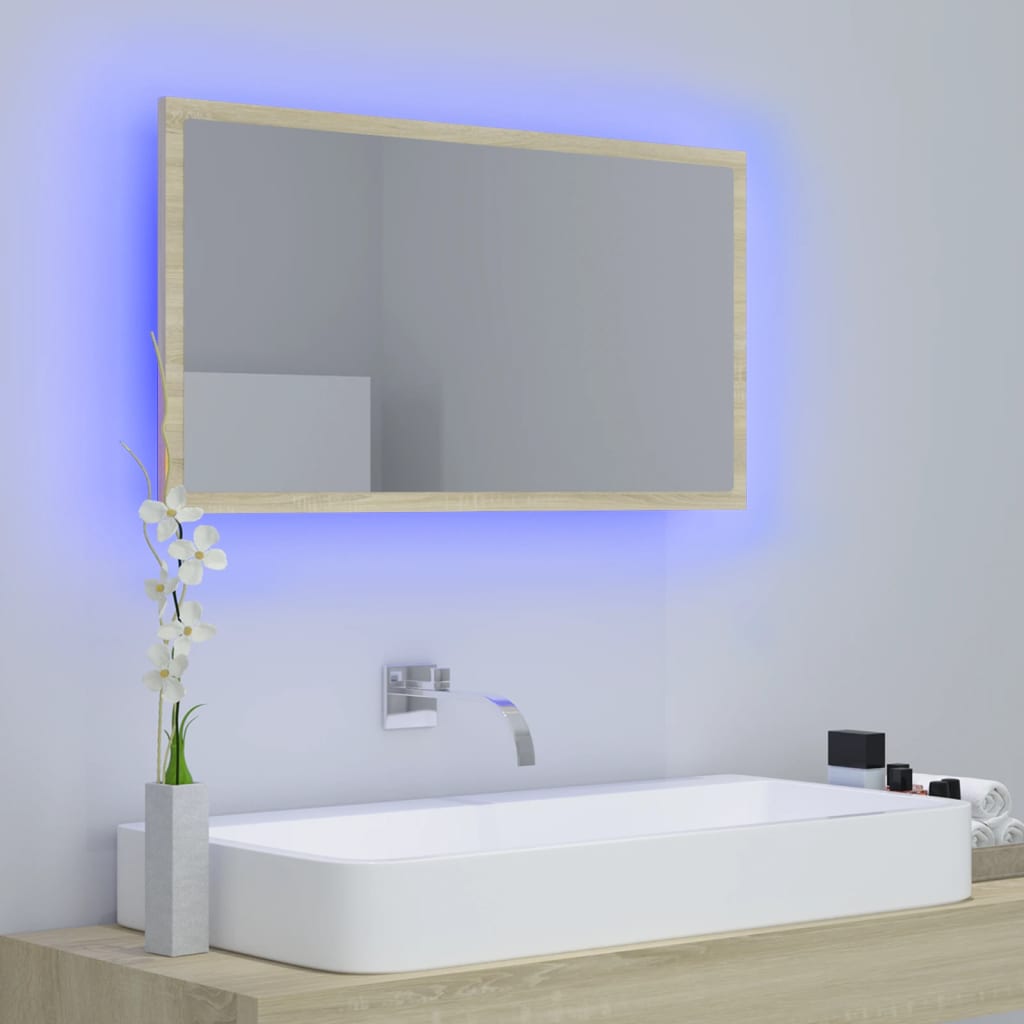 Lustro łazienkowe LED, kolor dąb sonoma, 80x8,5x37 cm, akryl