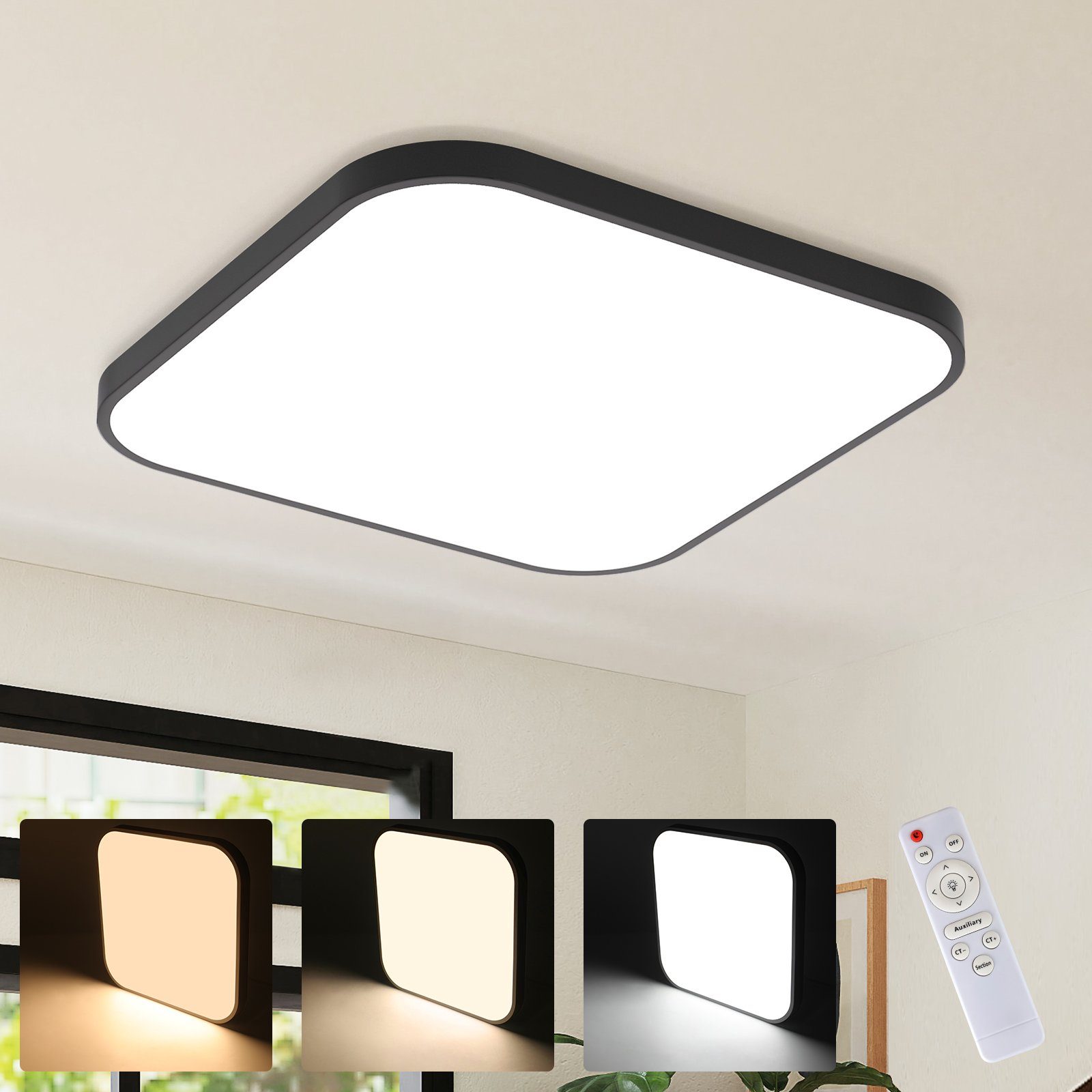 NETTLIFE Lampa sufitowa LED IP44 Czarna 27 cm 15 W Sypialnia Kuchnia Ściemnialna Z Pilotem Łazienka Kwadratowa Do Korytarza