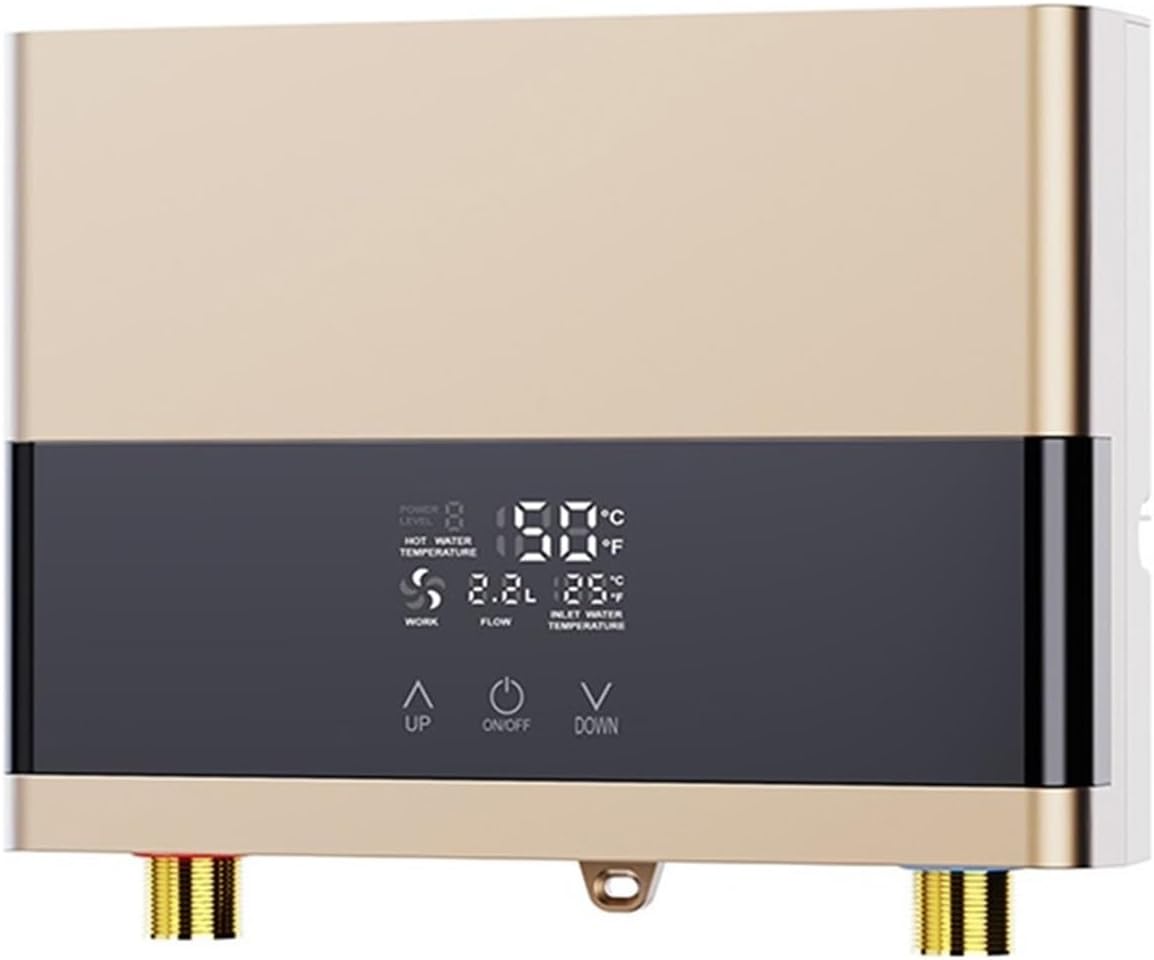 Podgrzewacz wody przepływowy bez zbiornika, 6000 W, 220 V, wymaga przewodu miedzianego nr 4 i wyłącznika nadmiarowo-prądowego 32 A, w kolorze złotym.