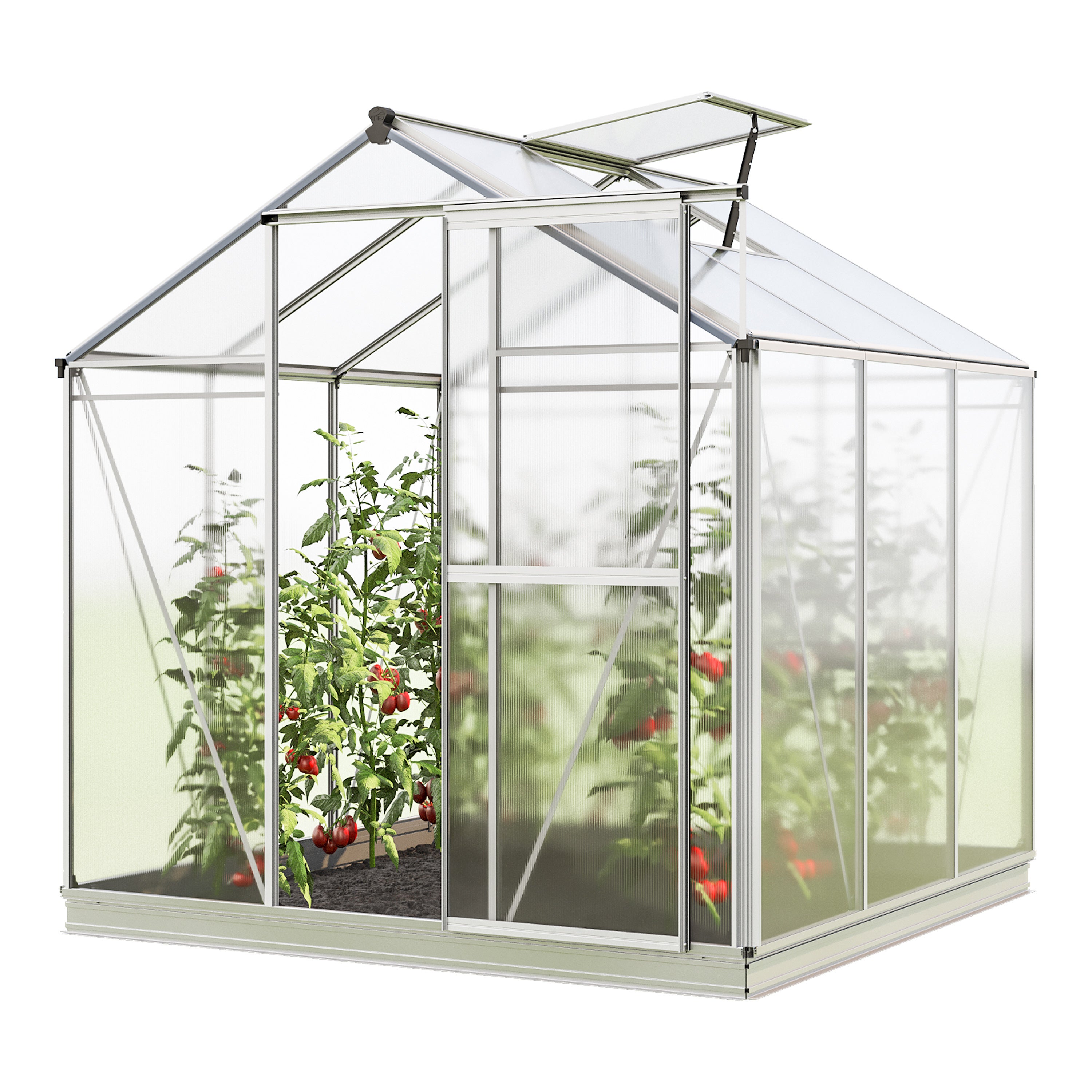 GFP Szklarnia Jasmin 3 rama aluminiowa 192 x 192 cm panele poliwęglanowe - z ramą fundamentową i 1 aut. mechanizm otwierania okien