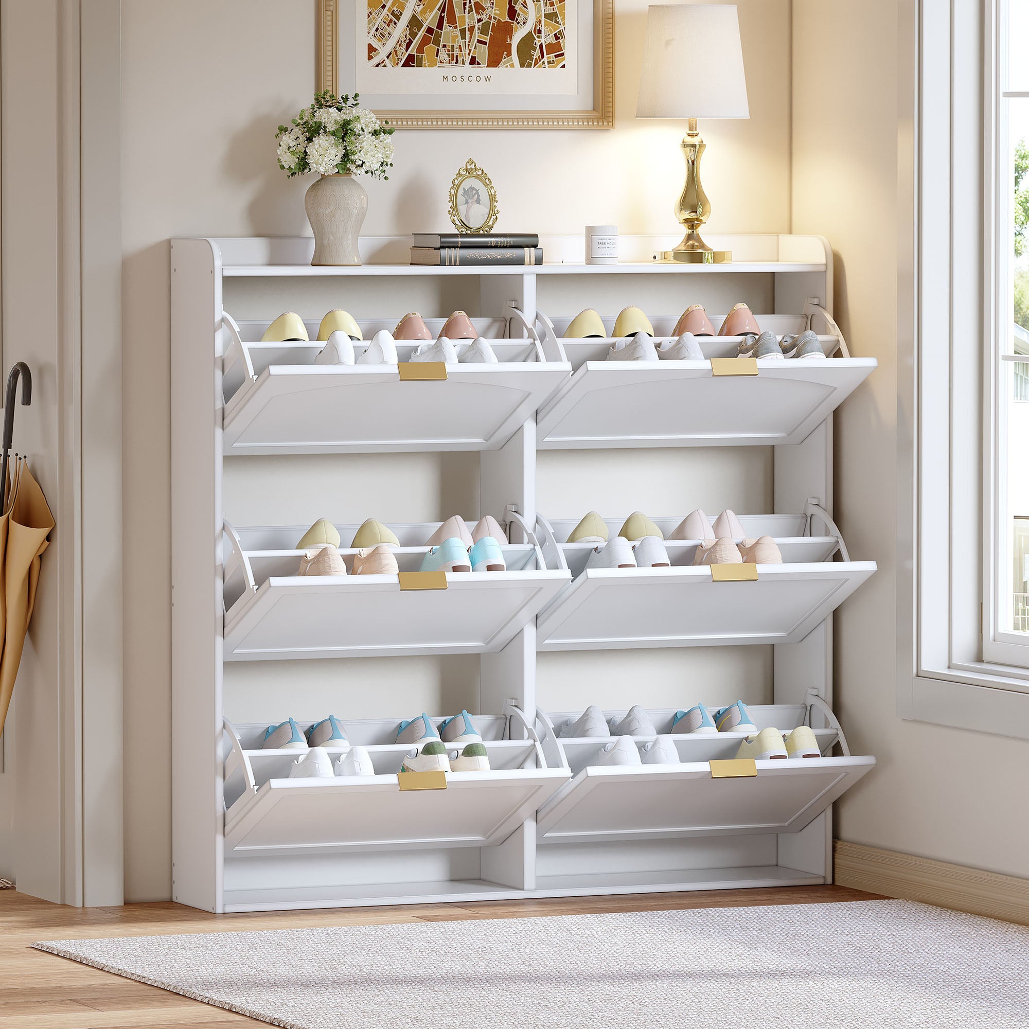 Szafka na buty z 6 drzwiami opuszczanymi - 120 x 23 x 118 cm - Płyta wiórowa + MDF - Kolor biały
