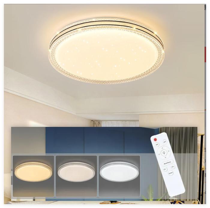 Okrągła wpuszczana lampa sufitowa LED z pilotem, akrylowa obudowa w trzech kolorach, do sypialni lub przedpokoju.