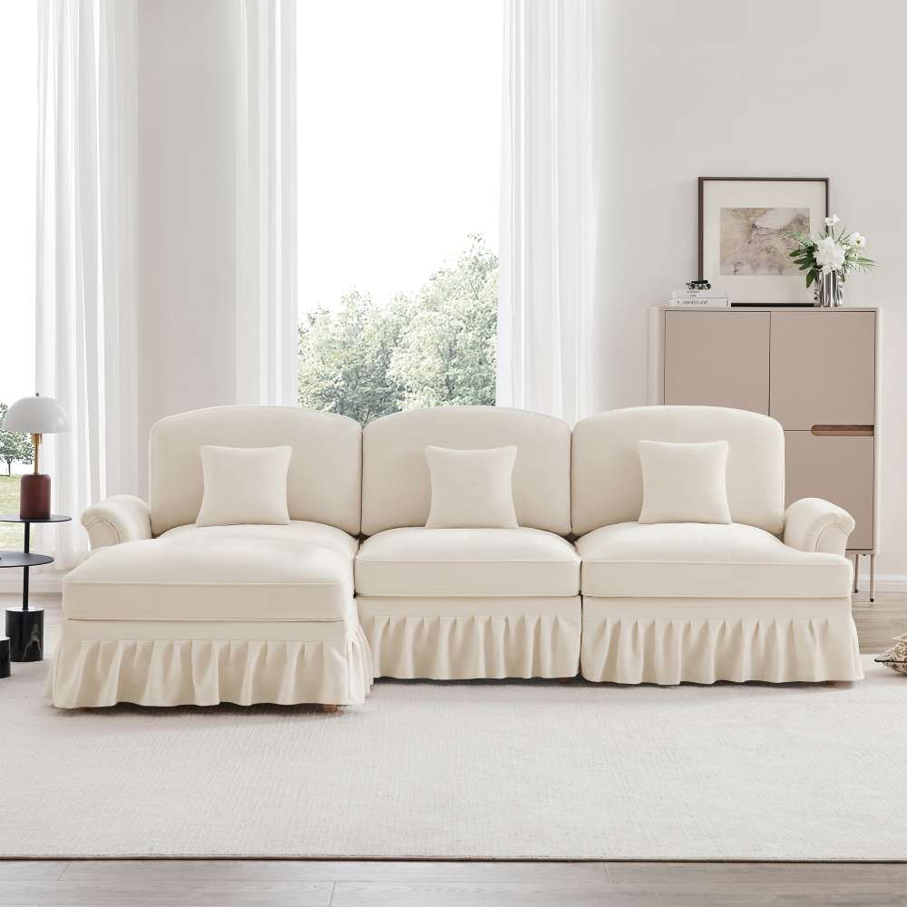 Modułowa 3-osobowa sofa narożna L z tkaniny szenilowej, podłokietnikami trąbkowymi i ruchomym podnóżkiem