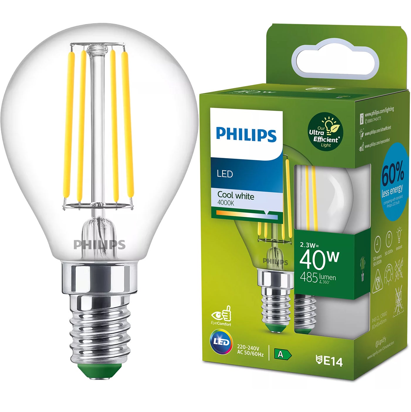 Żarówka LED Philips E14 P45 2.3W 485lm 4000K 300st Klasa A UltraEfficient