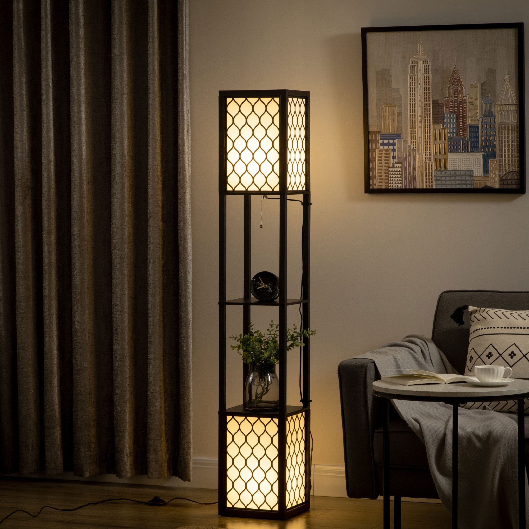 Lampa podłogowa w kształcie kolumny z płyty MDF i tworzywa sztucznego z 2 półkami, do salonu, gabinetu i sypialni, 26x26x156 cm