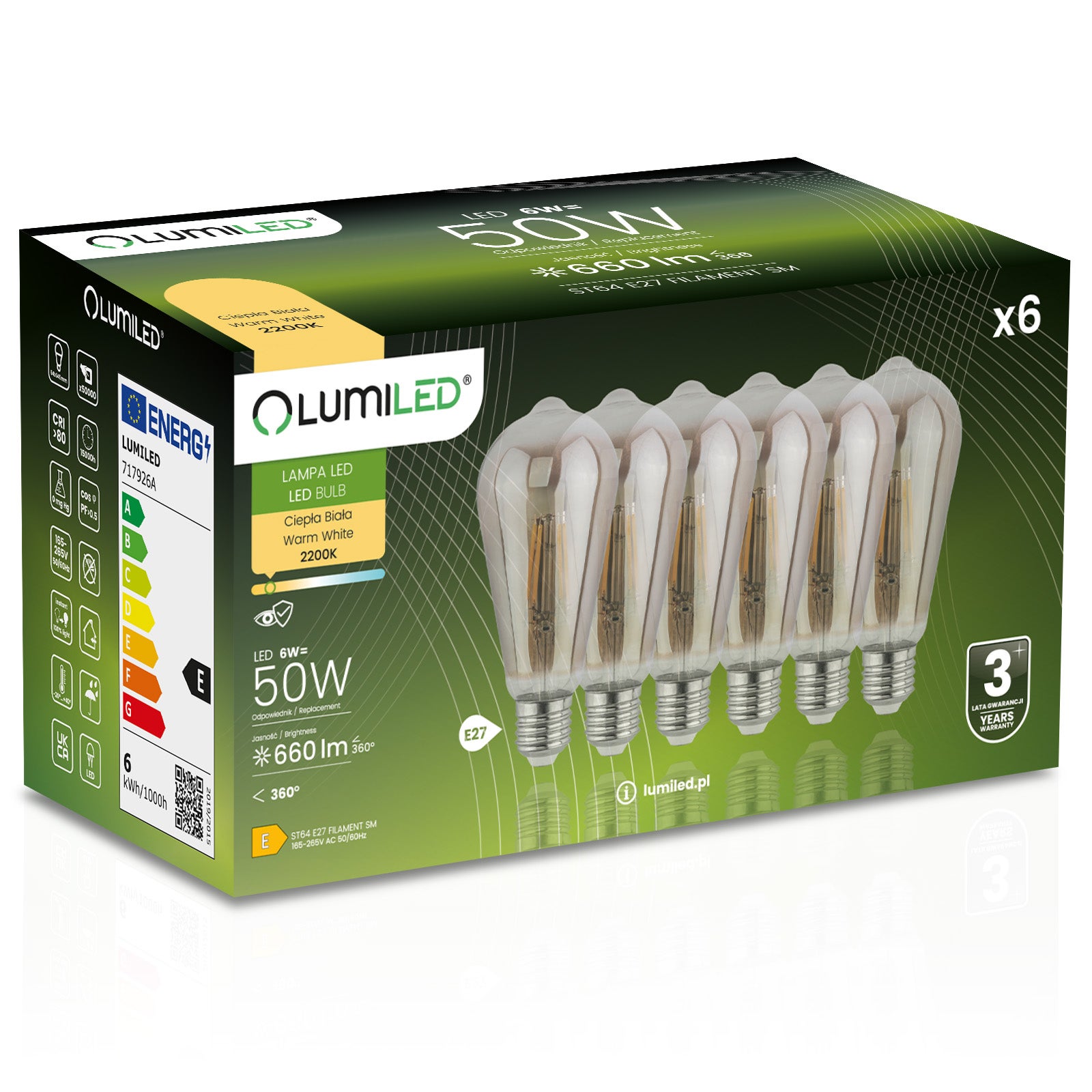 6x Żarówka Lumiled LED E27 Edison ST64 6W = 50W 660lm 2200K Ciepła 360st Dymiona Filament