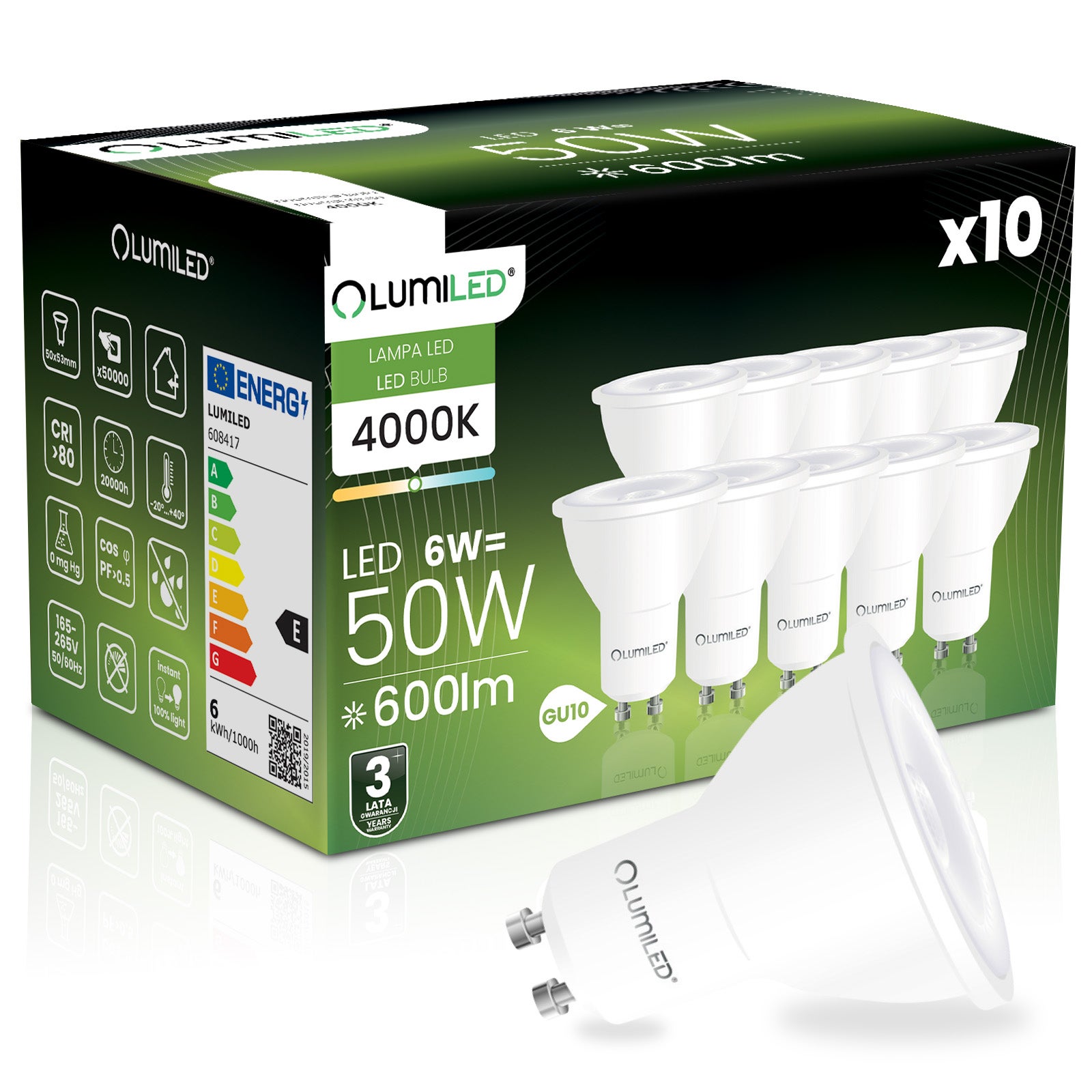 10x Żarówka LED GU10 Reflektor PAR16 6W 600lm 4000K Neutralna biel 36st LUMILED