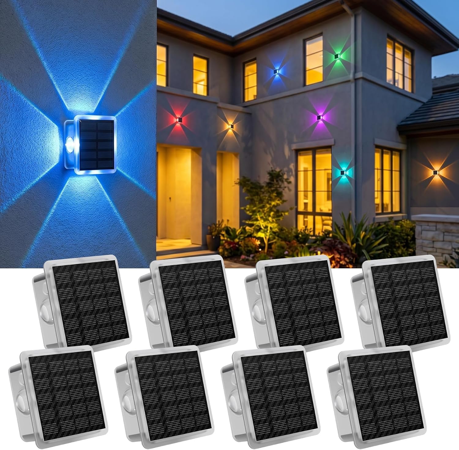 Wodoodporna lampa solarna do użytku zewnętrznego, lampa solarna RGB do ogrodzenia z 8 trybami zmiany kolorów, opakowanie 8 sztuk