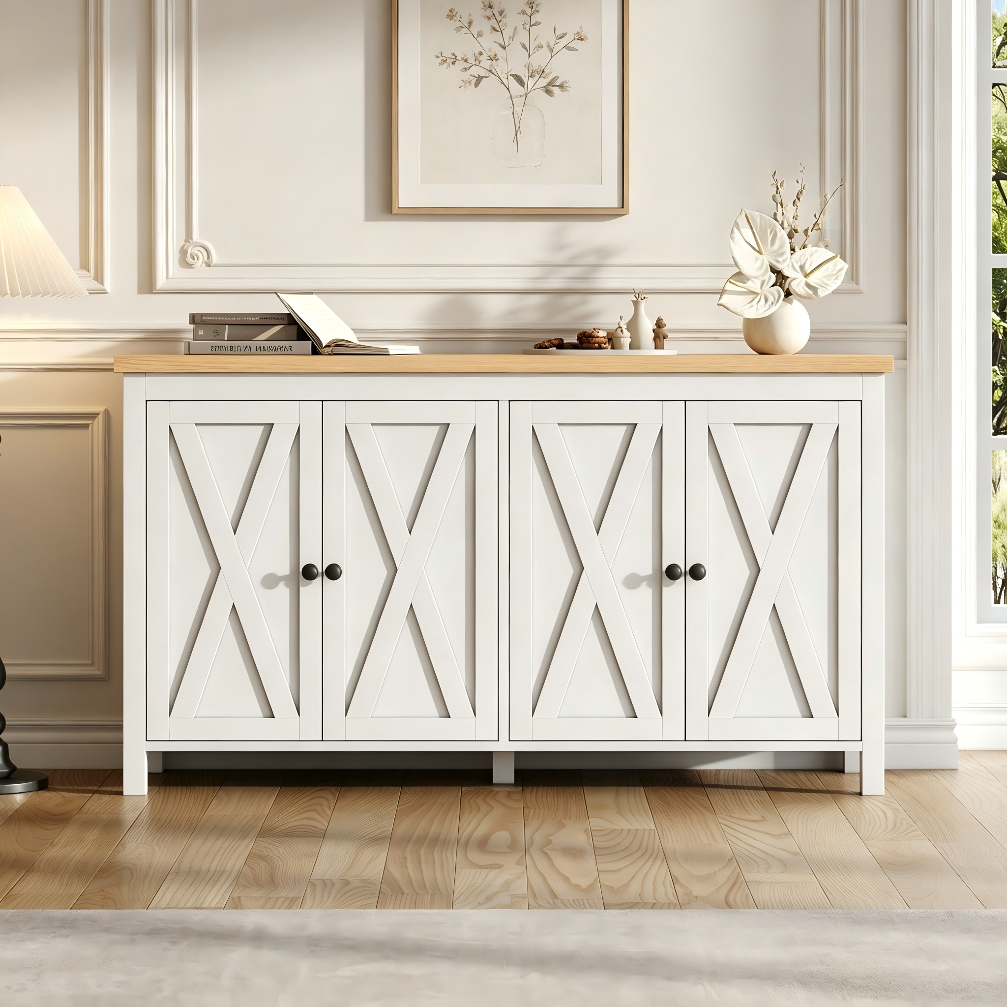 Biała komoda z MDF, 4 drzwi z krzyżowym wzorem i 2 regulowane półki, szafka do przechowywania 140 x 40 x 78 cm do salonu