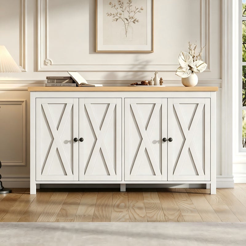 Biała komoda z MDF, 4 drzwi z krzyżowym wzorem i 2 regulowane półki, szafka do przechowywania 140 x 40 x 78 cm do salonu
