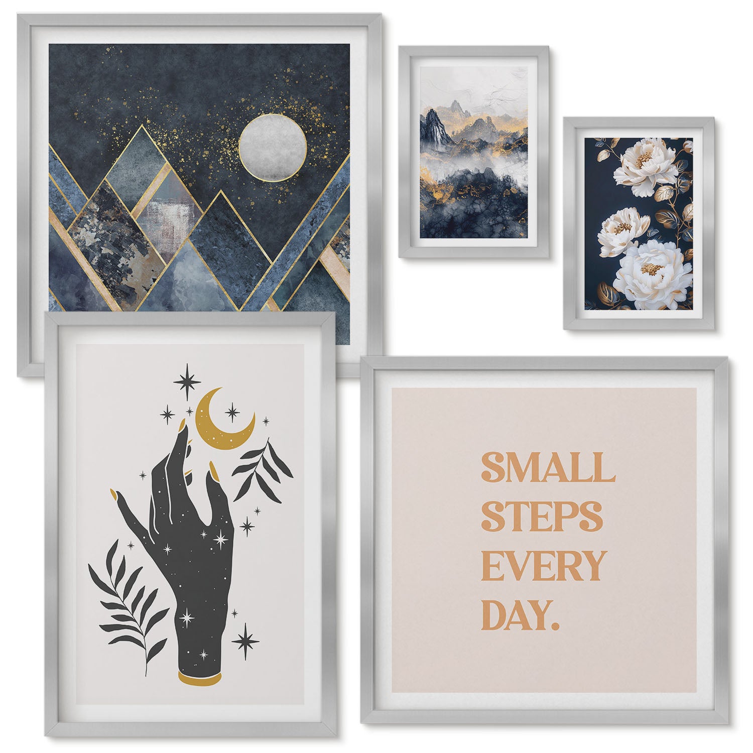 Zestaw obrazów w ramie - 5 części | Styl boho z inspiracjami natury i pozytywnymi przesłaniami | Srebrna ramka