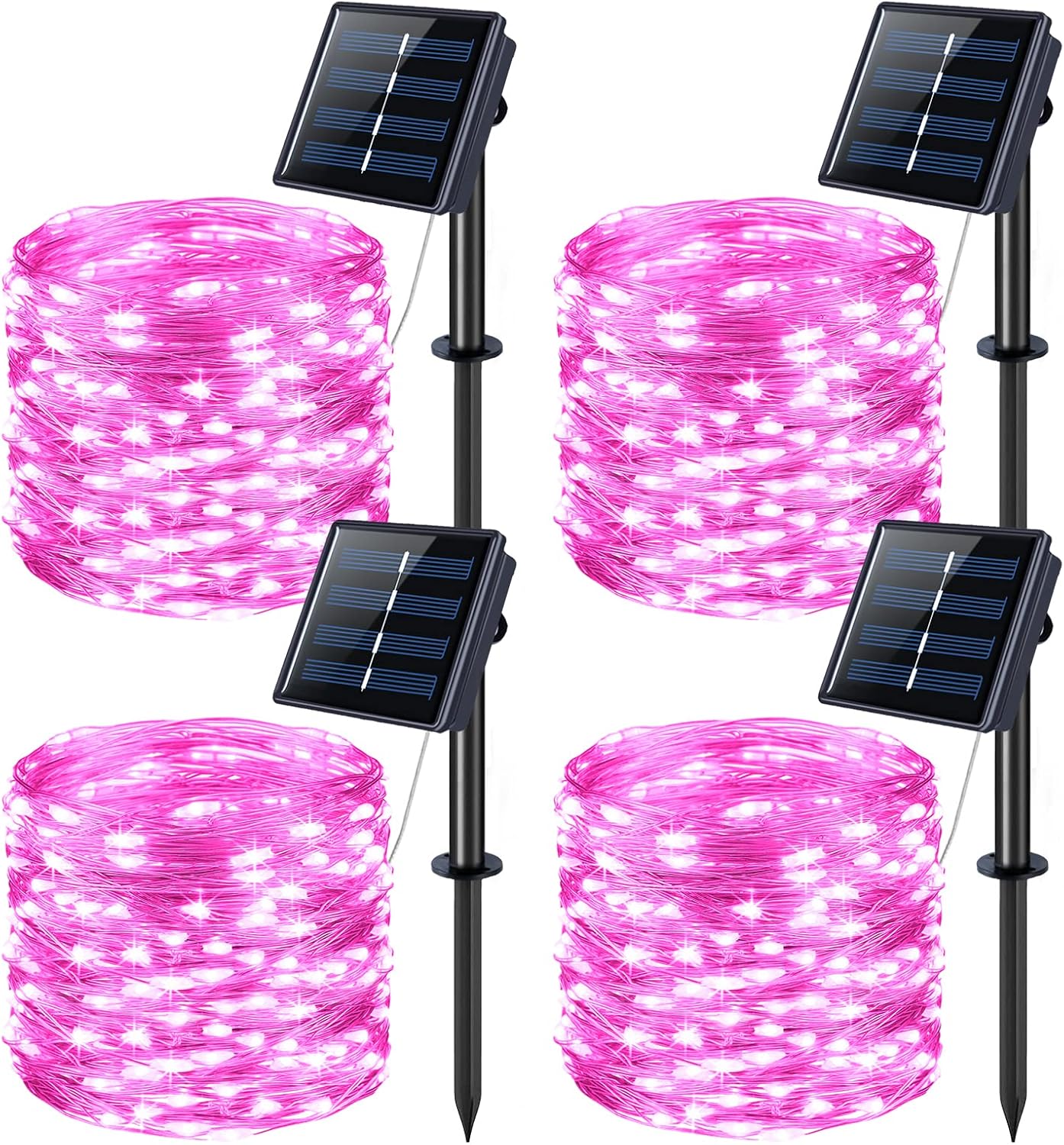 (4 sztuki) Lampki solarne, wodoodporne, 12 metrów, 100 diod LED, 8 trybów, odpowiednie do ogrodów, różowe.