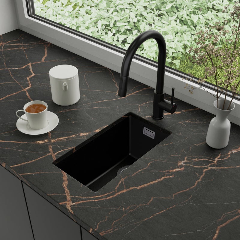 Zlewozmywak podblatowy 26x47cm, do szafki od 30cm + Bateria + Syfon - Agate Czarny STONESTYLE