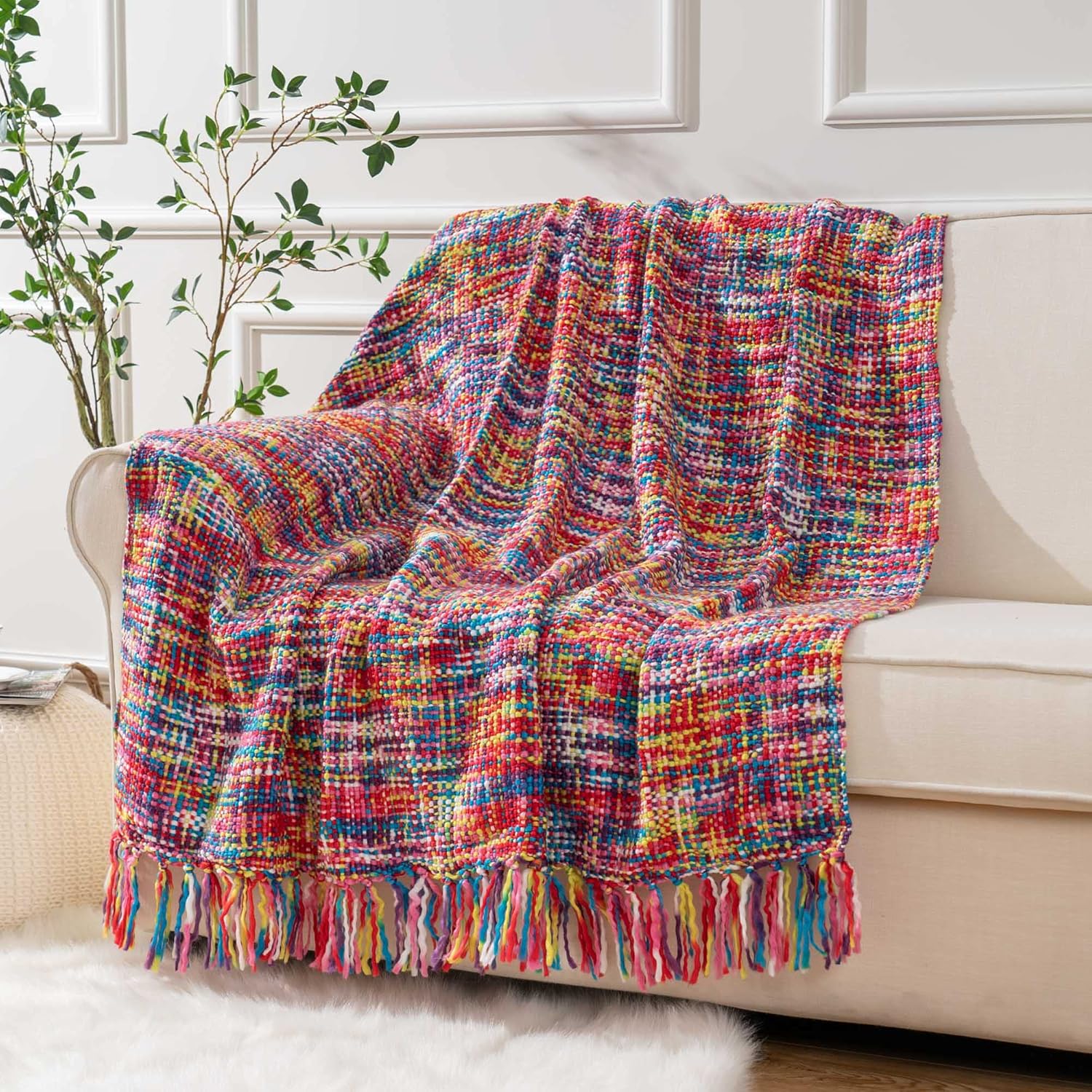 Kolorowy koc w stylu boho z frędzlami, 127 x 152 cm, dekoracyjny koc podróżny z dzianiny, koc na drzemkę do foteli, sof i łóżek