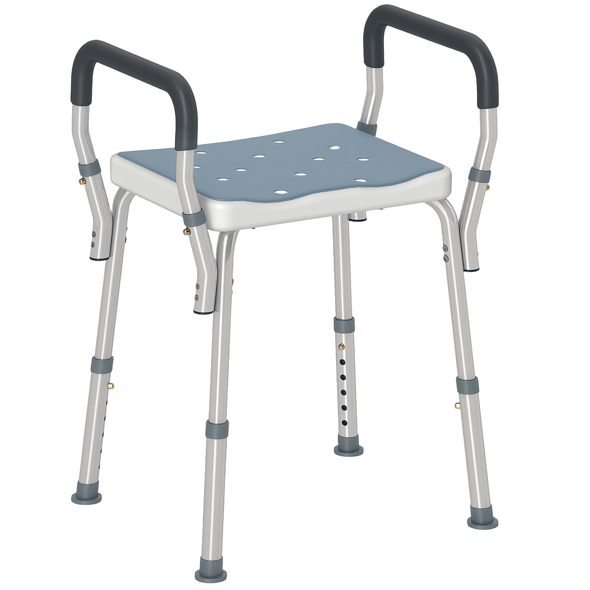 Regulowany stołek prysznicowy z podłokietnikami i otworami odpływowymi, wykonany z aluminium, HDPE i EVA, 52 x 45 x 57-69 cm