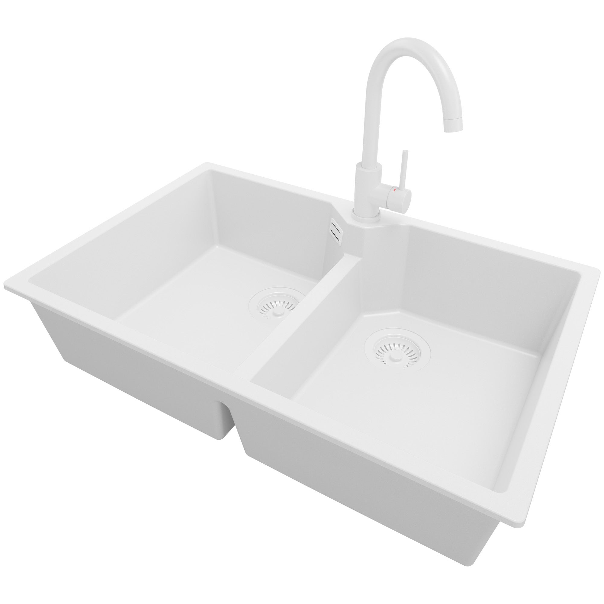 Zlewozmywak Granitowy Cały Biały 78x50cm, Zlew Kuchenny 2 Komorowy + Bateria 32x20cm + Syfon, Nablatowy do szafki od 80cm - Madryt Twin PRIMAGRAN
