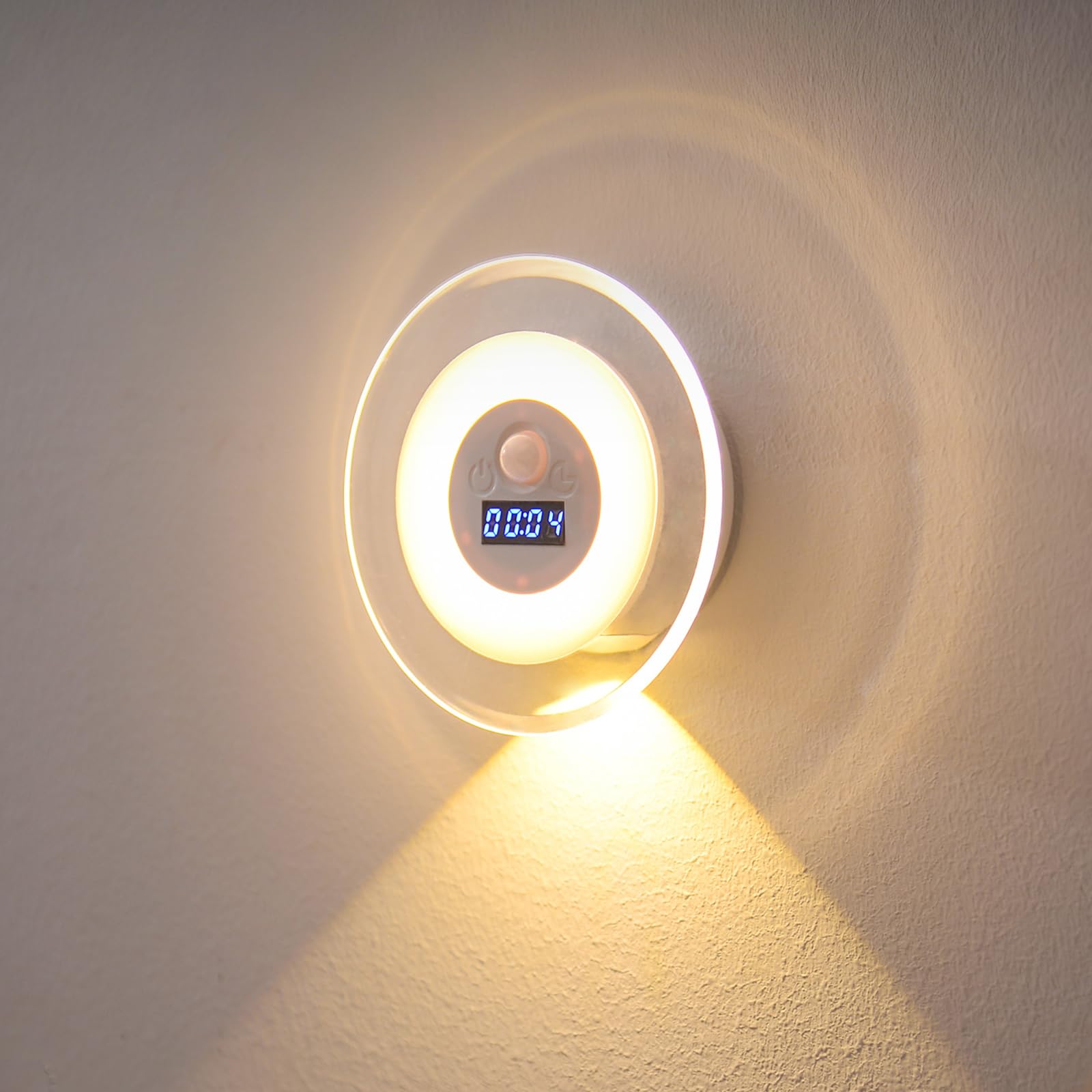 Ładowalna lampka ścienna LED z czujnikiem ruchu – nocna lampka z zegarem, 3 regulowane kolory, do wnętrz
