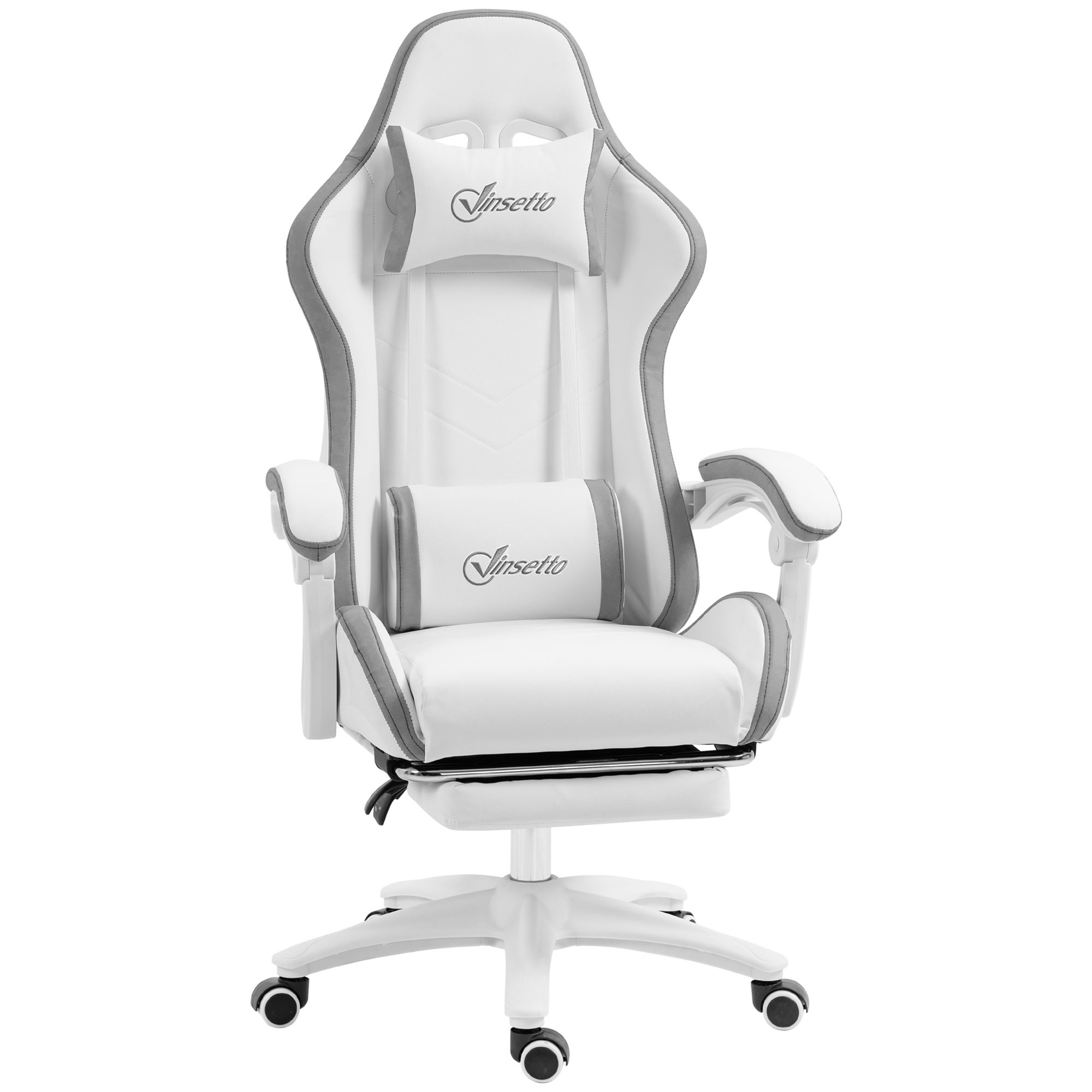 Fotel gamingowy, ergonomiczny fotel gamingowy z oparciem odchylanym o 135° i podparciem lędźwiowym, 65 x 65 x 121-129 cm, biały