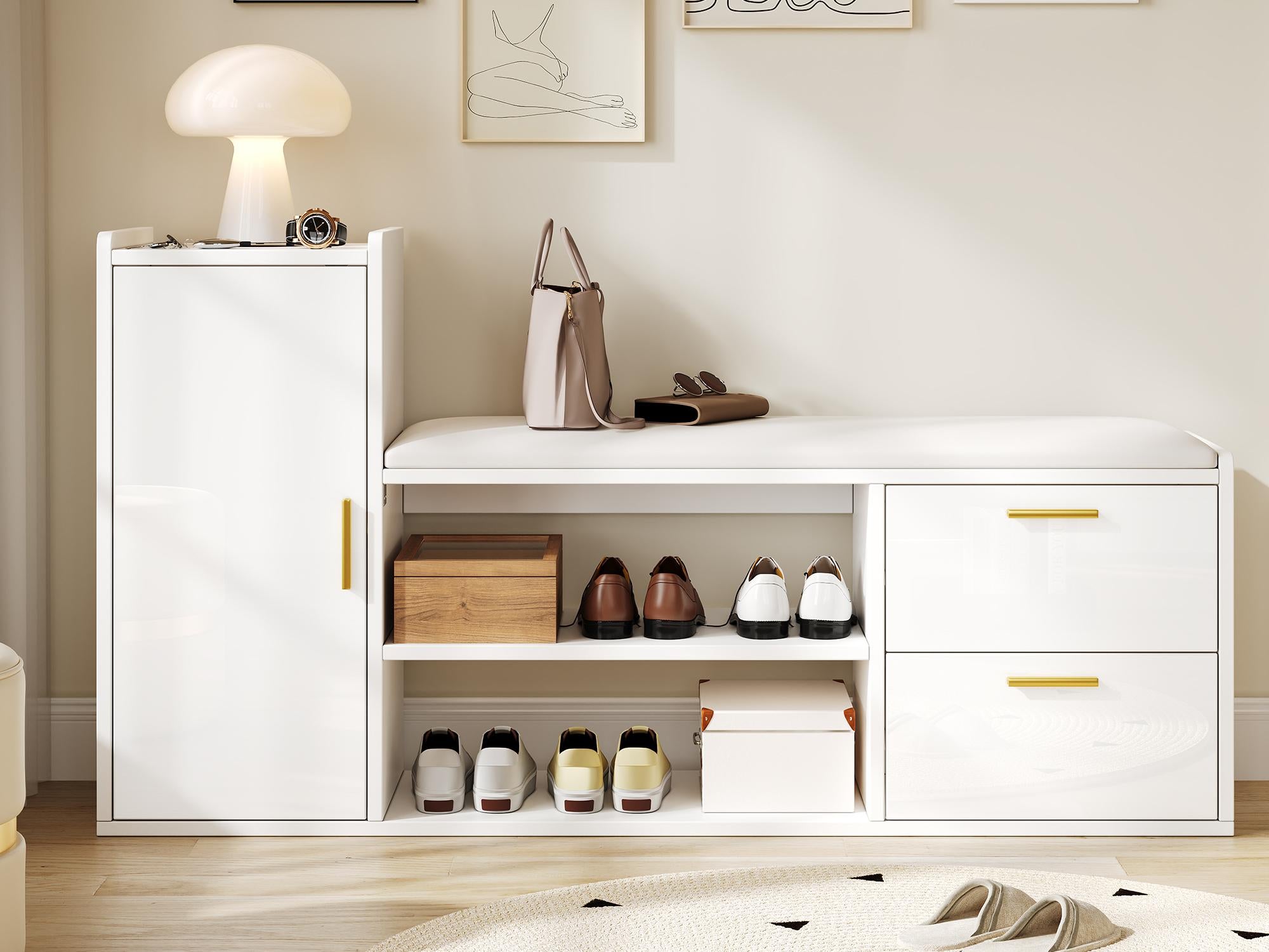 Szafka na buty 128 x 30 x 68 cm - z 2 szufladami i 1 drzwiami - z ławką na buty - połysk - biały