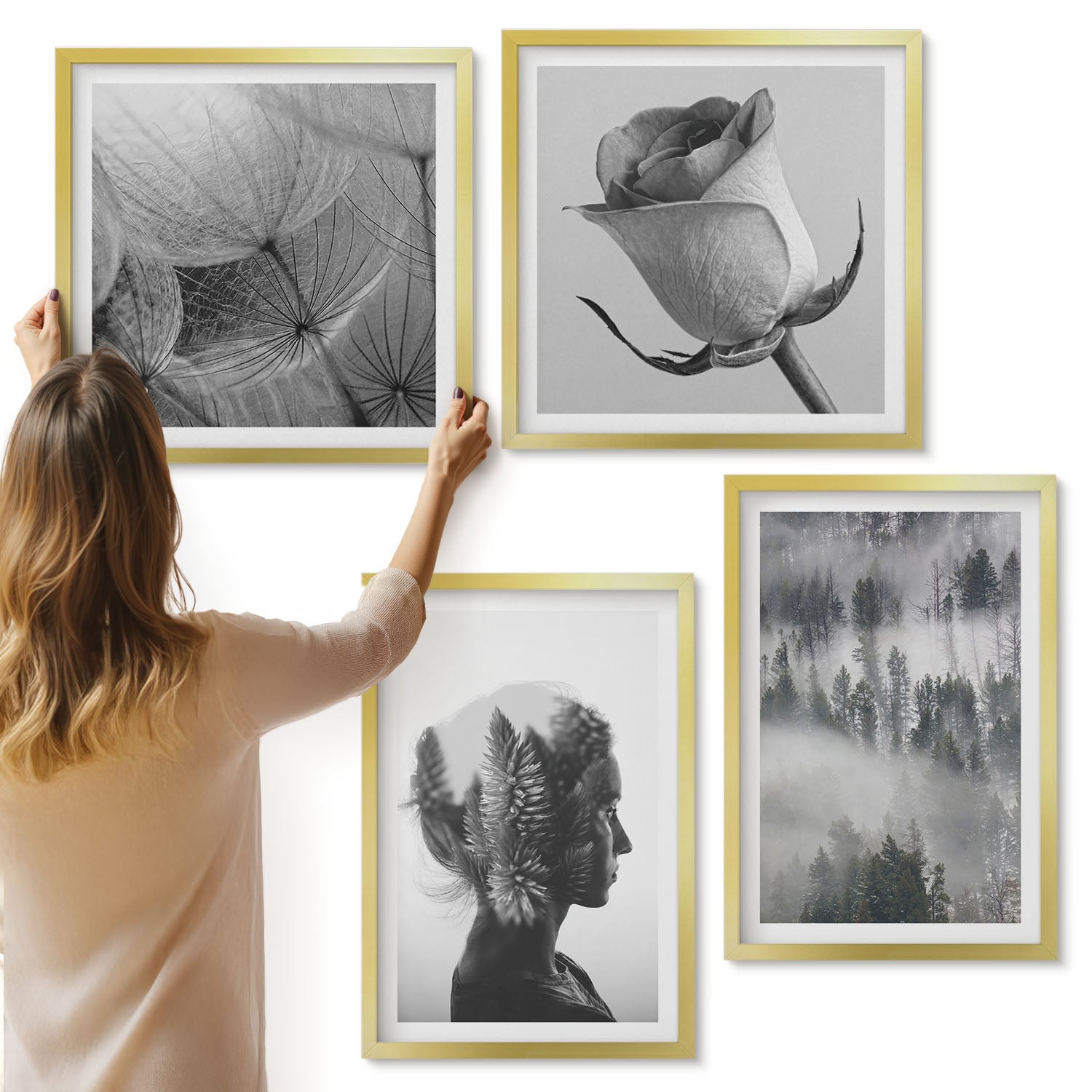 Galeria ścienna 4-częściowy komplet obrazów w złotych ramach - Melancholijny las we mgle portret kobiety rośliny - ArtPrintCave