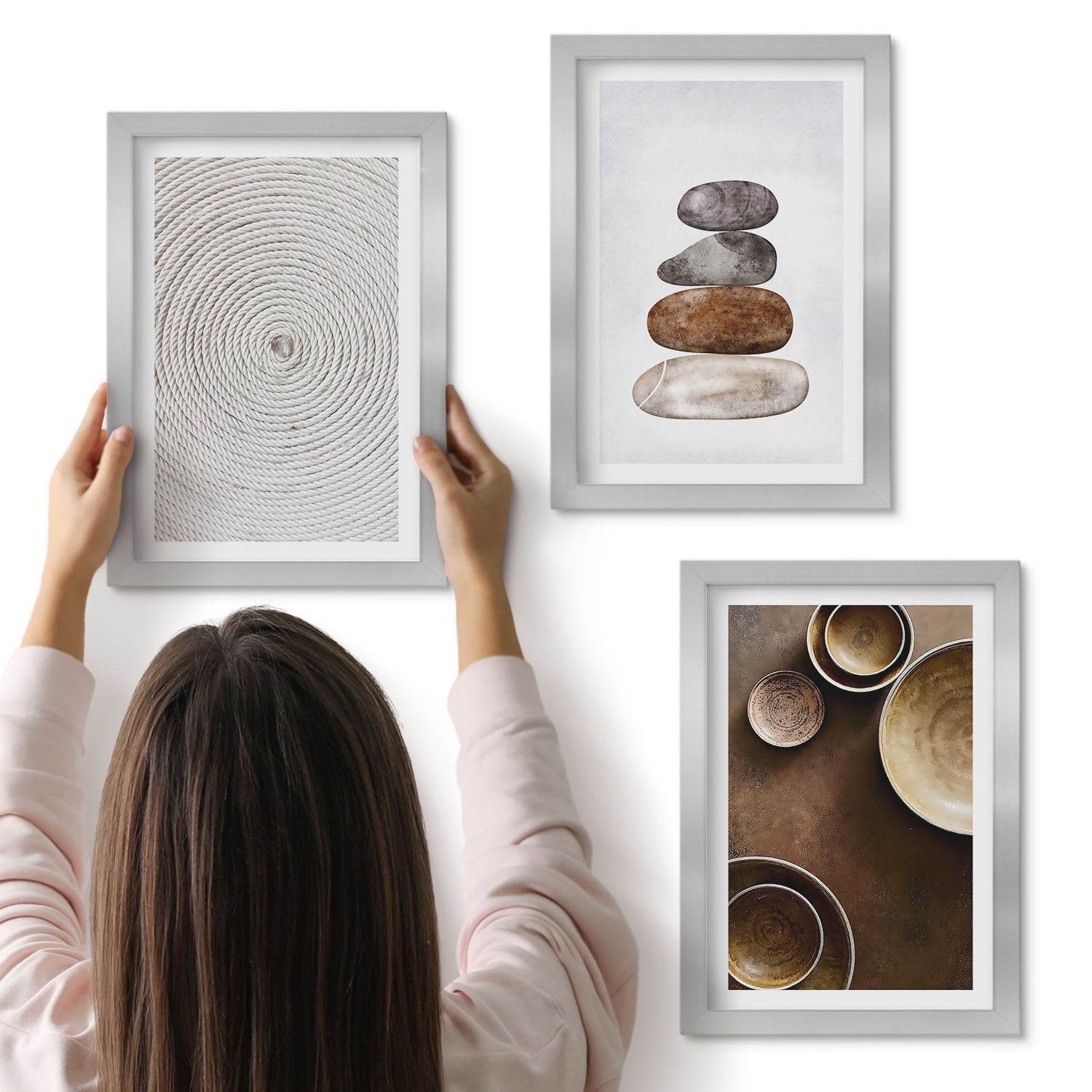 Galeria ścienna 3-częściowy komplet obrazów w srebrnych ramach - Tekstury w sztuce nowoczesne wzornictwo - ArtPrintCave
