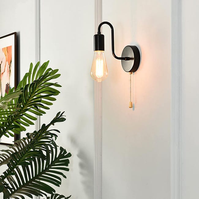 Kinkiet w stylu retro z włącznikiem łańcuszkowym, gniazdo E27, lampa ścienna w stylu vintage industrial (żarówka nie jest dołączona), czarny