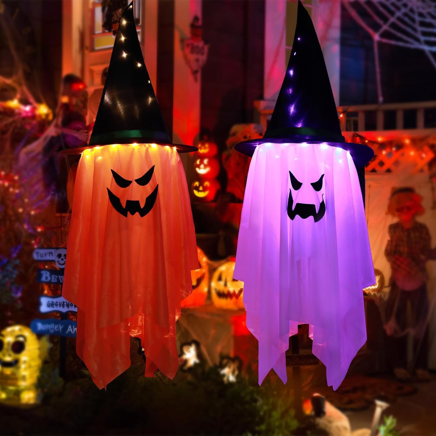 Dekoracja na Halloween do wewnątrz i na zewnątrz – 2 szt. upiornych, wiszących dekoracji LED z duchami na Halloween – z podświetlanymi kapeluszami cza