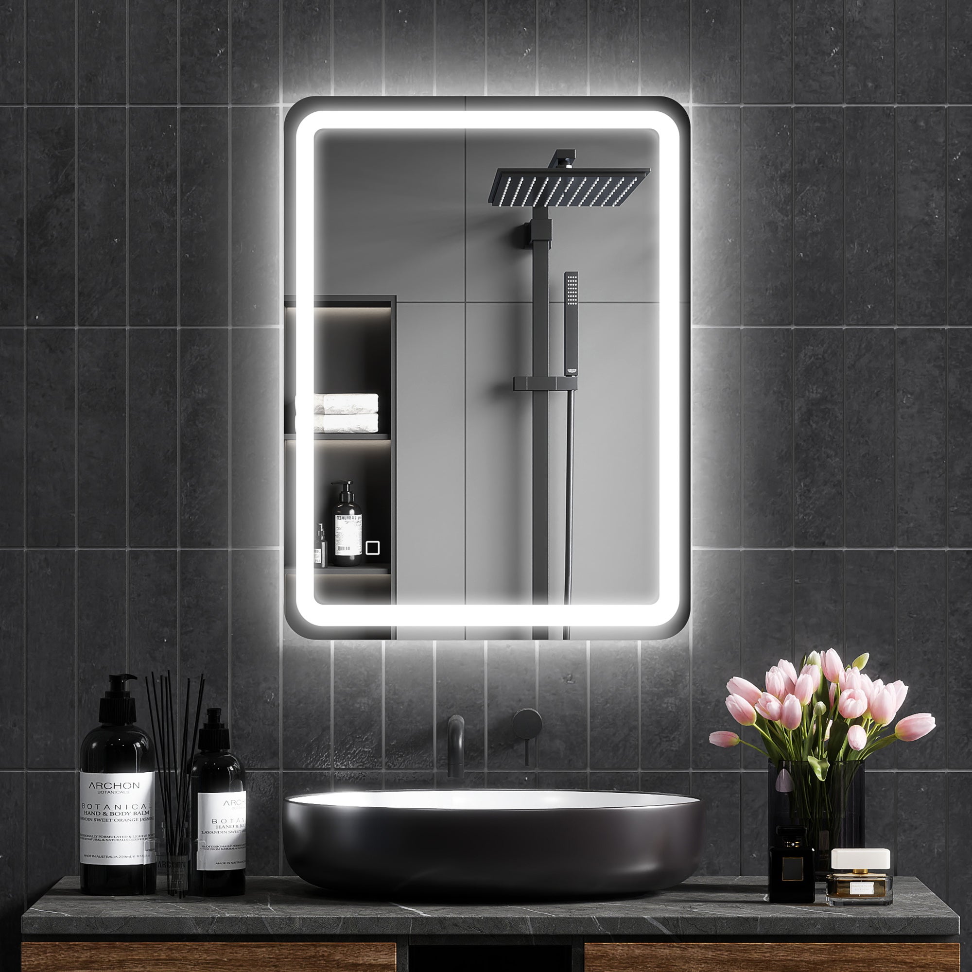 Lustro łazienkowe LED 60x80 cm srebrne z regulowanym oświetleniem, funkcją przeciwmgielną i włącznikiem dotykowym do łazienki