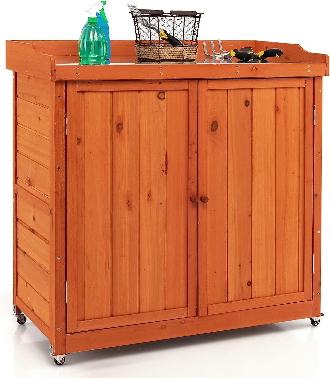 Drewniana szafka ogrodowa, szafka do przechowywania, drewniana szafka z wyjmowanym regałem, płyta stalowa, szafka na narzędzia, 98,5 x 48 x 100 cm