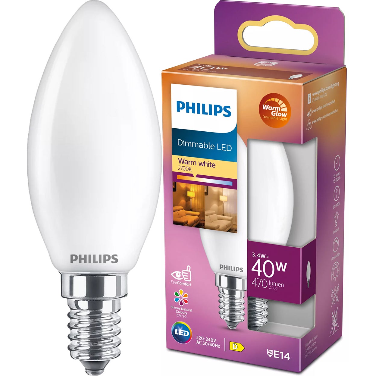 Żarówka LED Philips E14 Świeczka B35 3.4W 470lm 2700K Filament Ściemnialna WarmGlow Dimmable