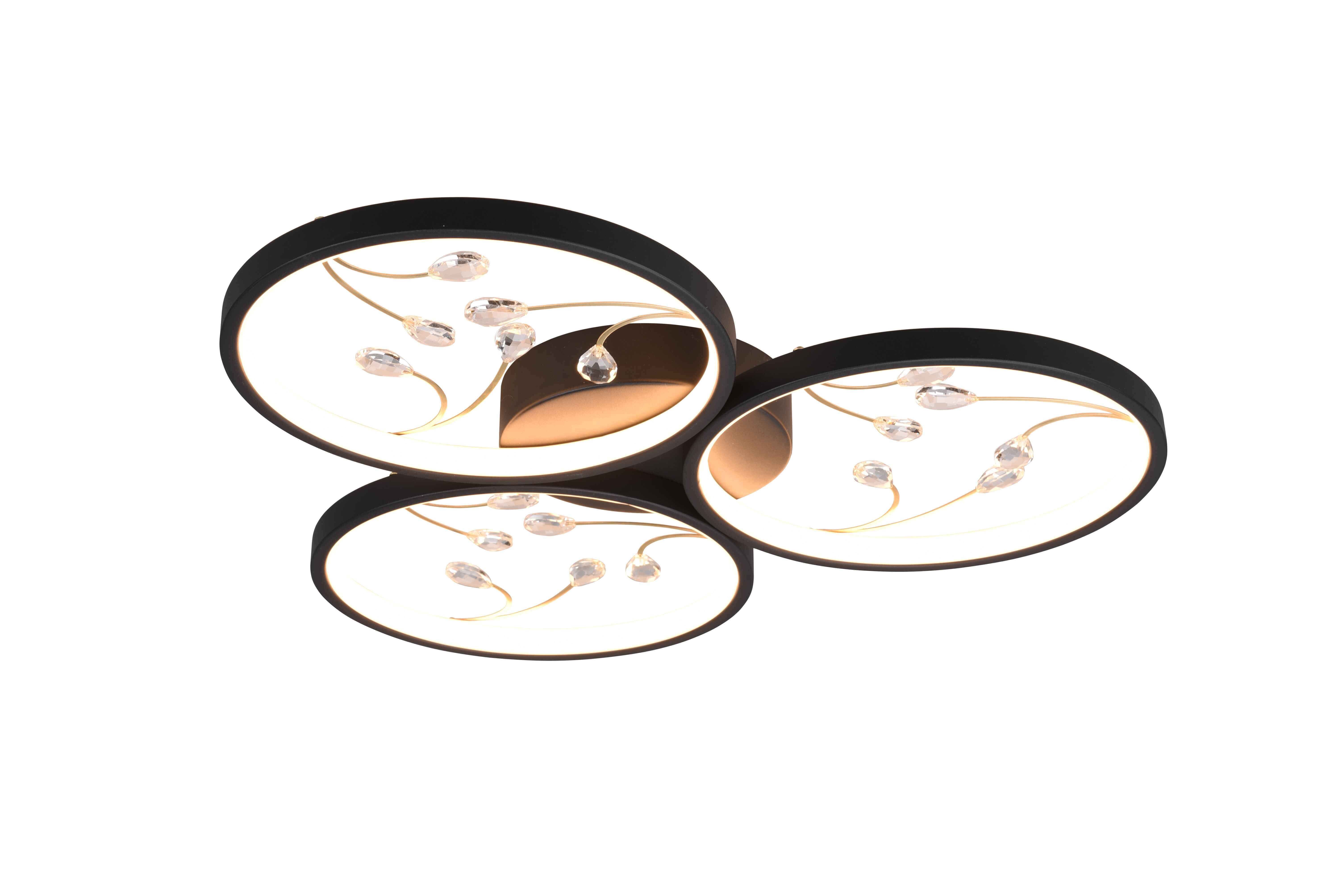 Efektowna lampa sufitowa LED z 3 okręgami i dekoracjami, metalowa, czarna, średnica 62 cm